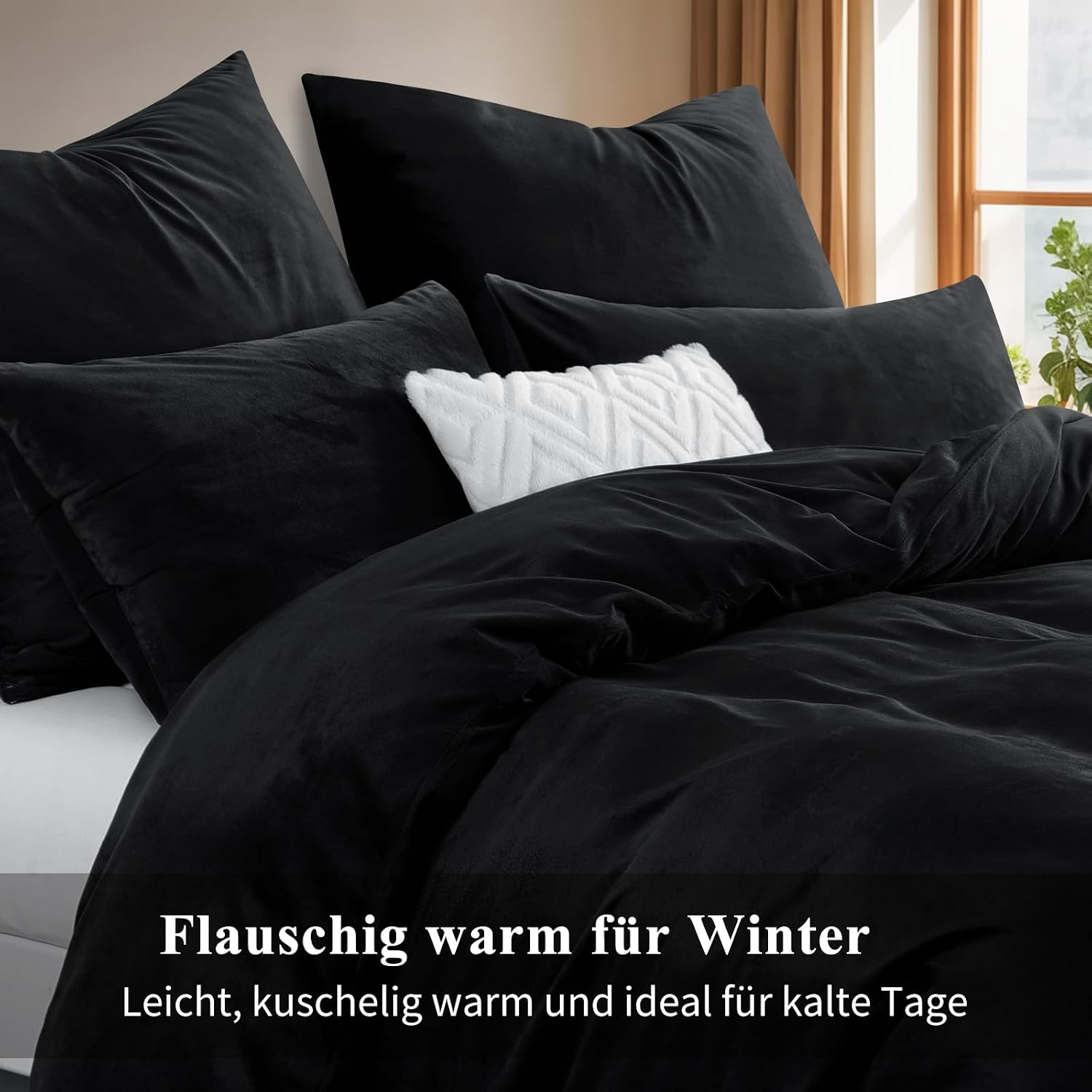 Detalle de Tifschlaf Winter Flanell Bettwäsche 220x240 (Schwarz) mit 2 Kissenbezügen 80x80
