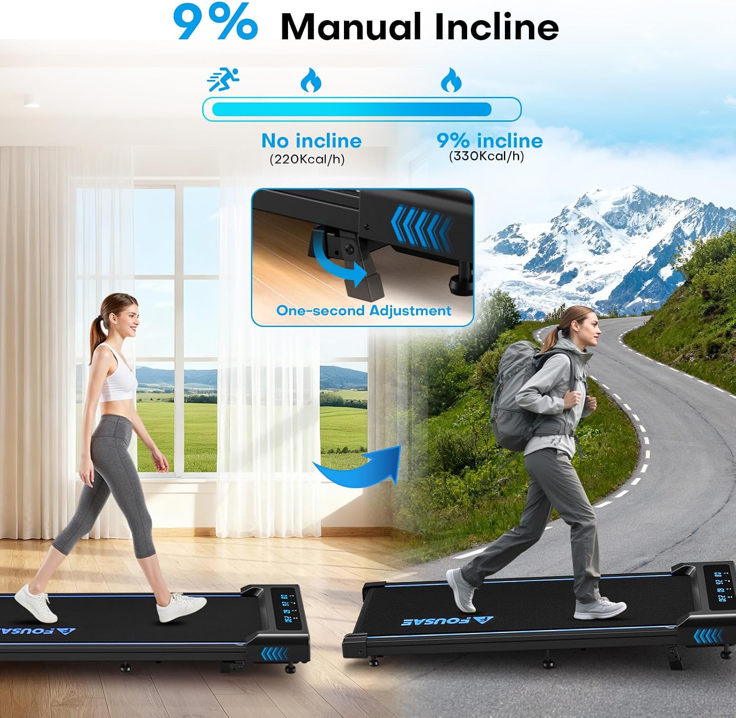Detalle 2 de FOUSAE Walking Pad Treadmill with 9% Incline, LED Display and 12 HIIT Programs