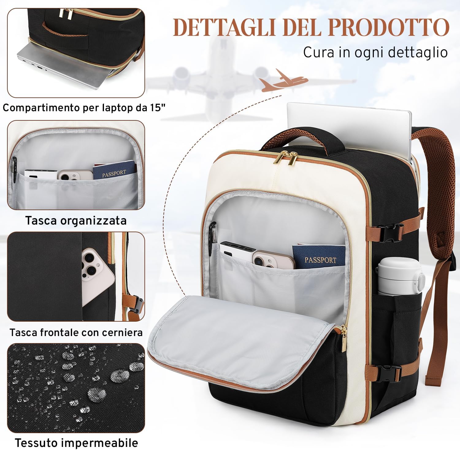 Detalle de ETRONIK Zaino Ryanair 40x30x20 – 24L, Zaino da viaggio con tasca impermeabile e scomparto laptop 15,6