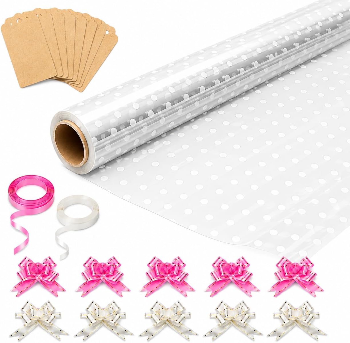 Detalle de HURUC Dotted Cellophane Wrap Roll 80cm x 30m – Extra Wide Gift Wrap with Bows, Ribbons and Gift Tags
