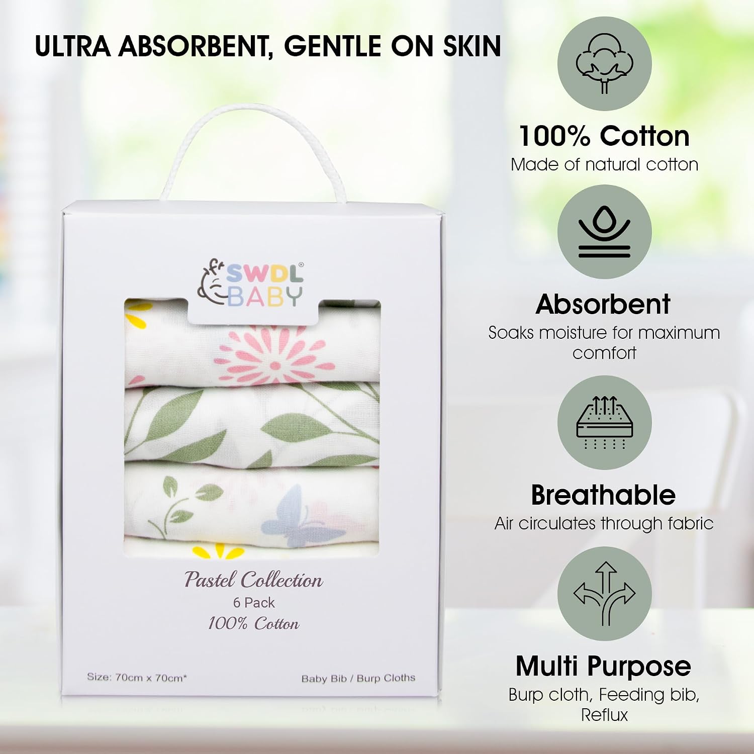 Detalle 2 de Large Baby Muslin Cloths Pack of 6 70 x 70 cm