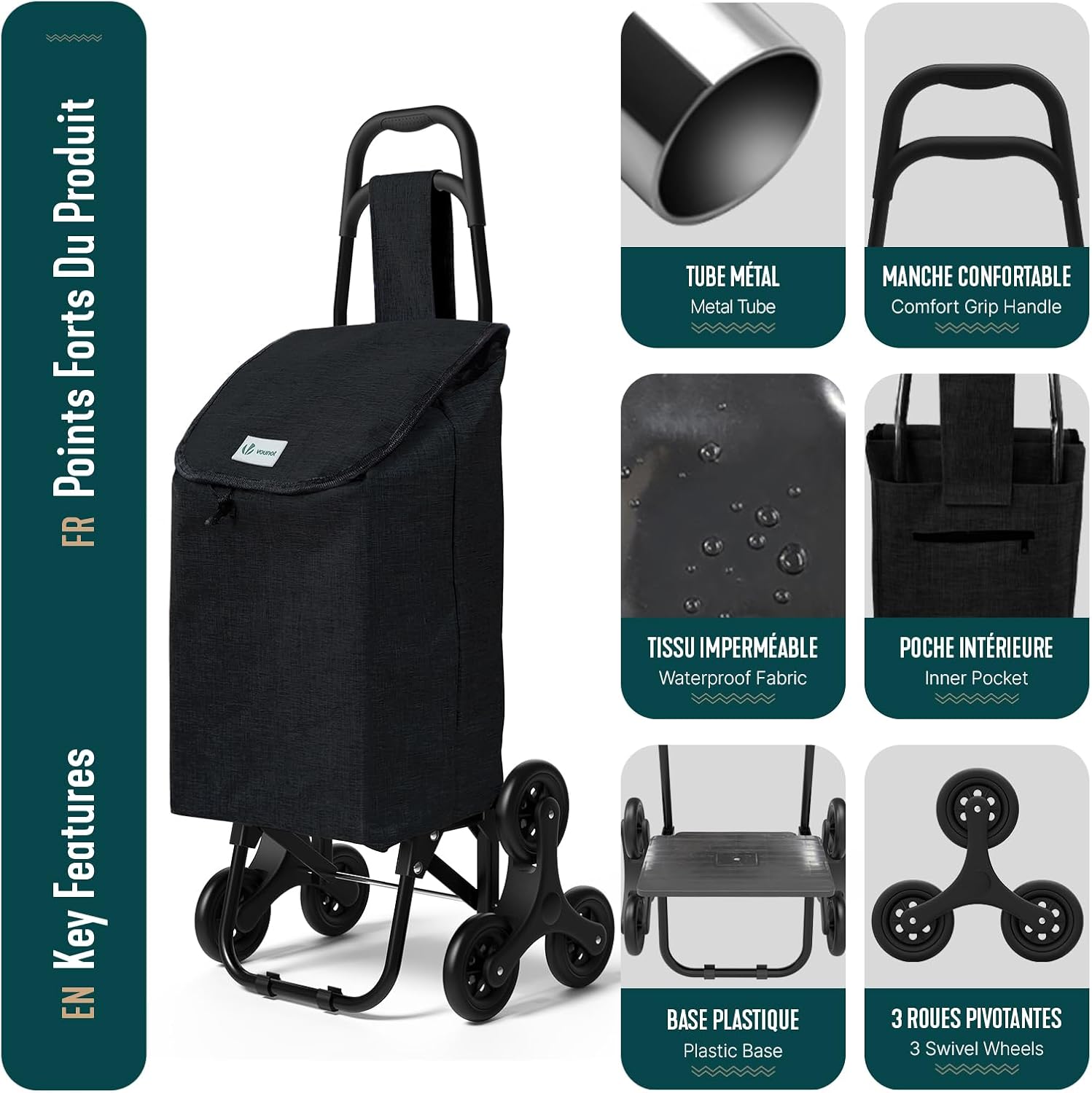 Thumbnail 3 de VOUNOT Chariot de Courses 6 Roues avec Compartiment Imperméable — 2 en 1, 32 L, pliable