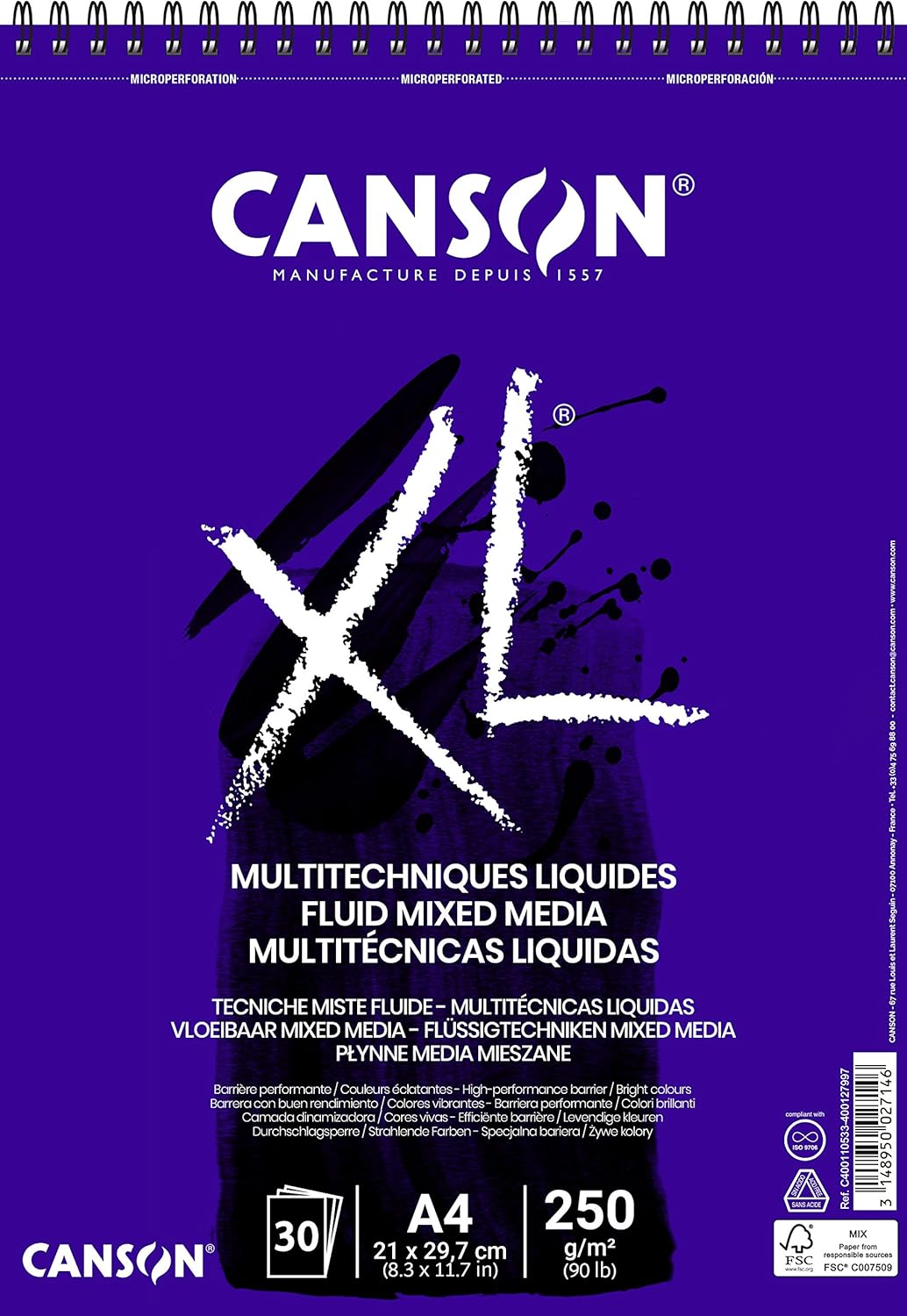 Detalle de Canson XL Fluid Mix Media: album spiralato A3 30 fogli, 250 g/m², grana liscia, extra bianco