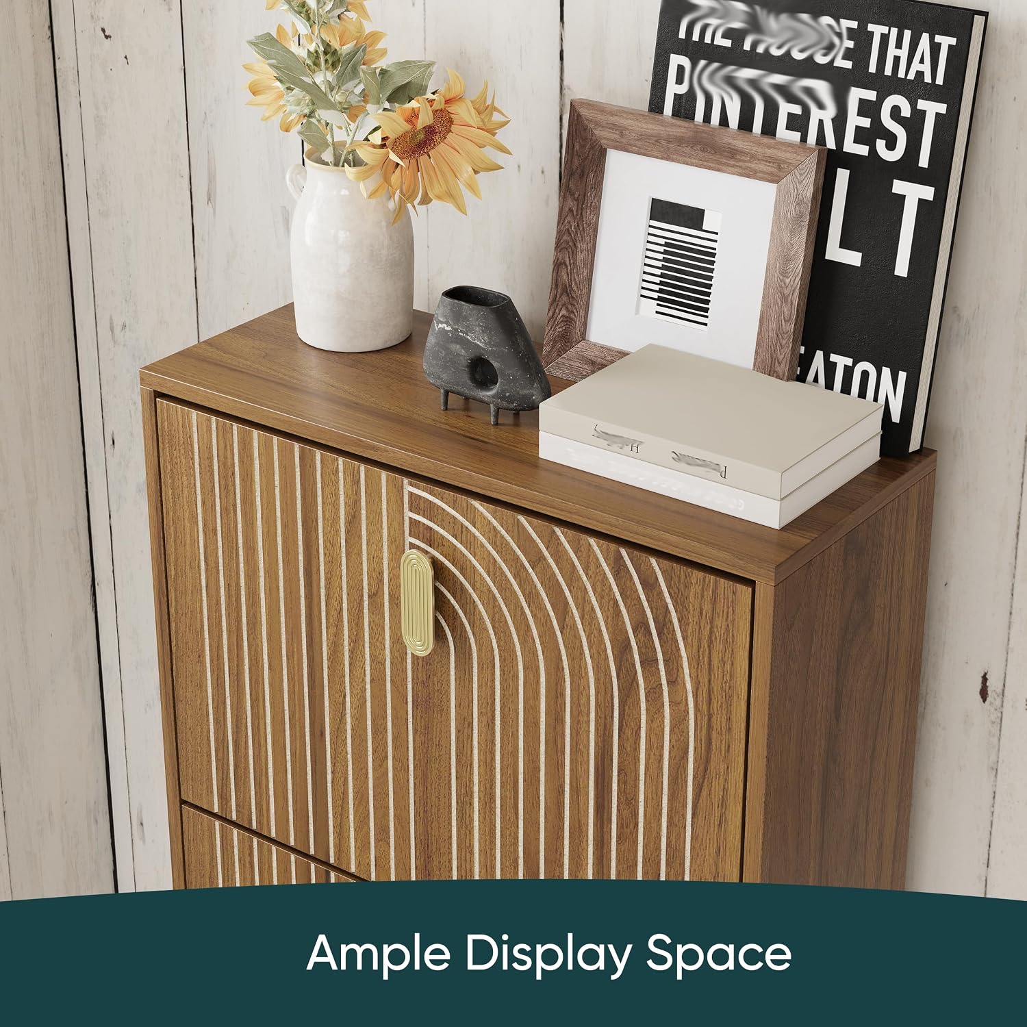 Detalle 1 de Morwdxef WoodenShoeCabinet Shoe Cabinet, 2 Flip Drawers, 23.6" Wide, Walnut
