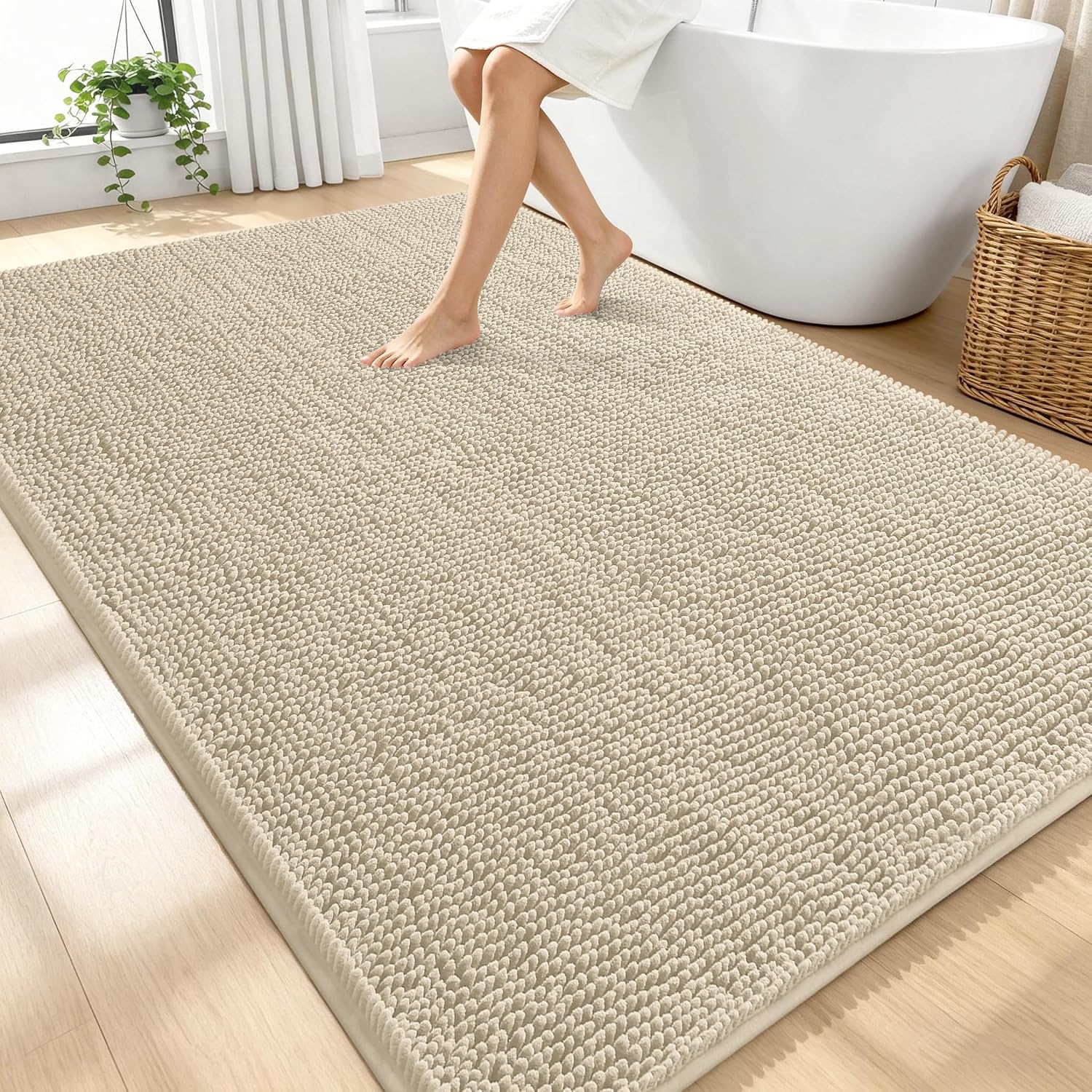 Detalle de OLANLY Large 70" x 46" Chenille Bath Rug, Sand, TPR Backing
