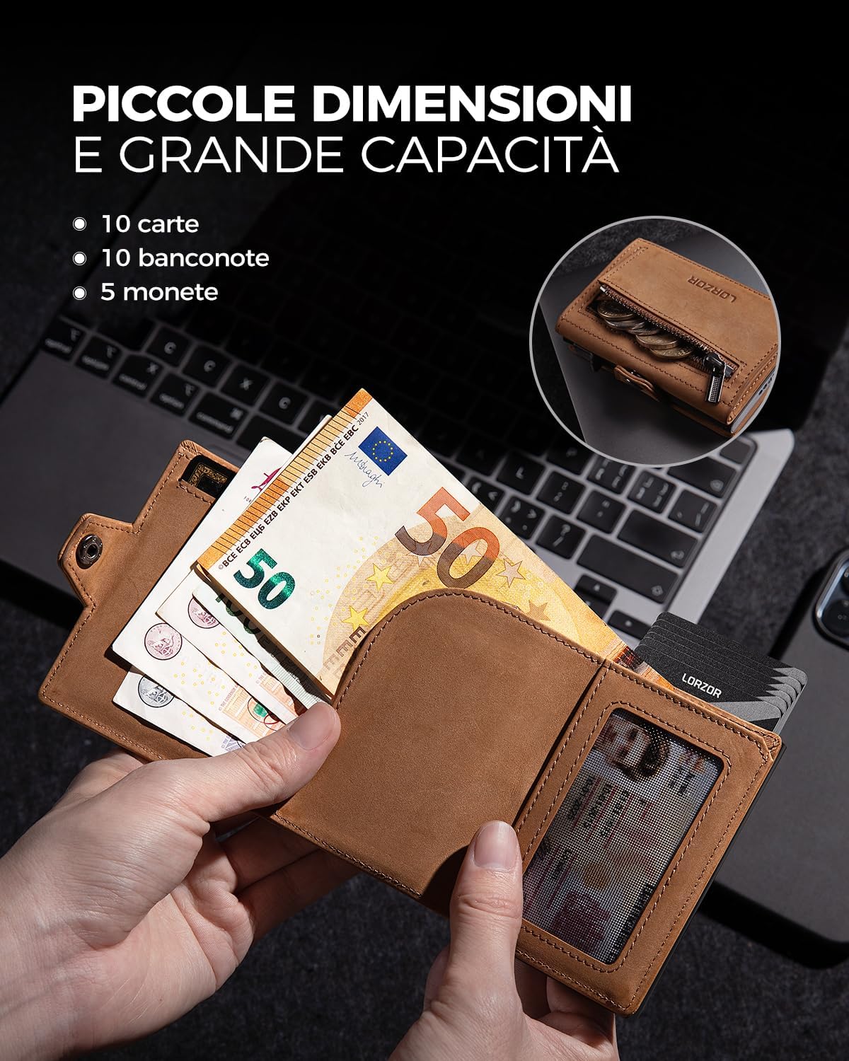 Detalle de LORZOR® Portafoglio Uomo Slim in Pelle con RFID, portacarte pop-up e portamonete