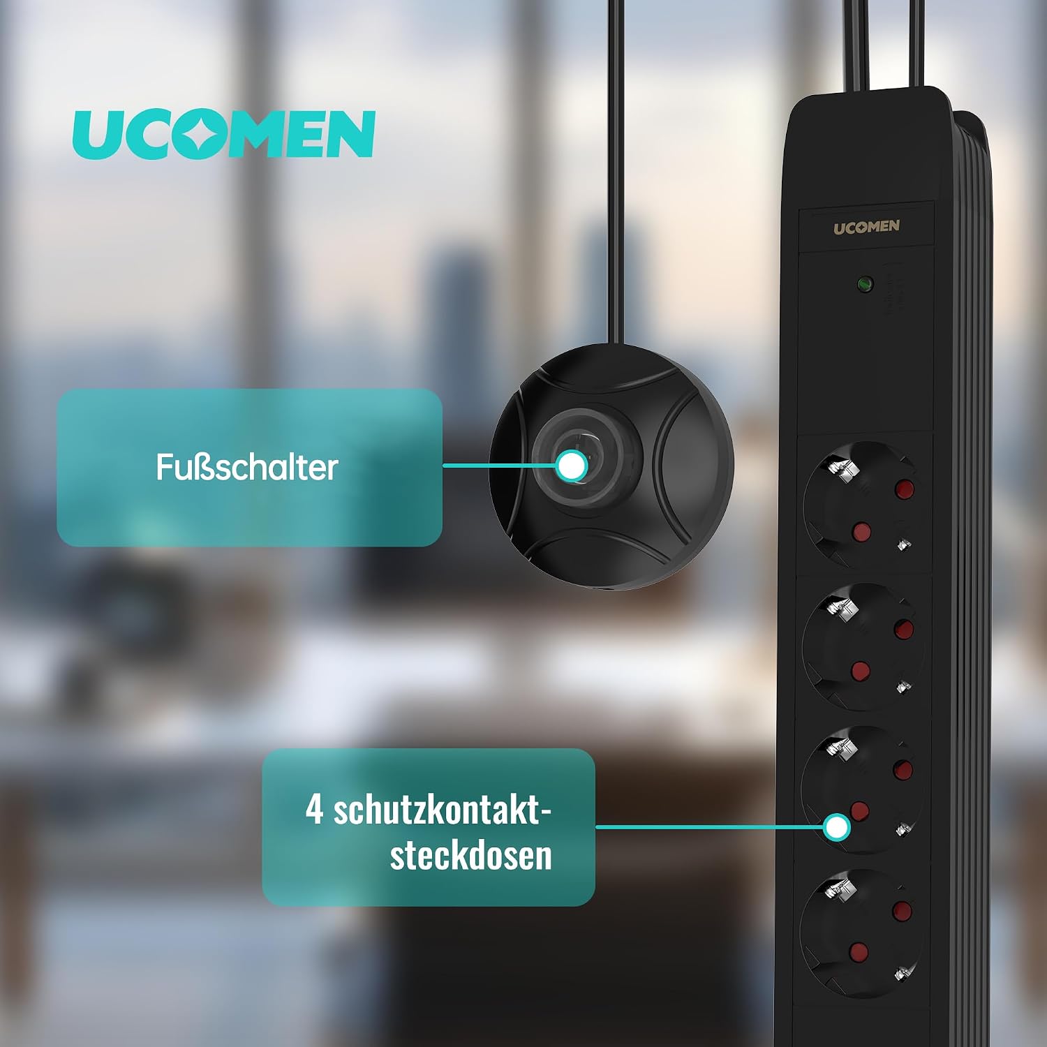 Detalle 2 de UCOMEN Steckdosenleiste mit Fußschalter – 4-fach + USB A/C (20 W), 1,5-m-Kabel, 16A/3680 W