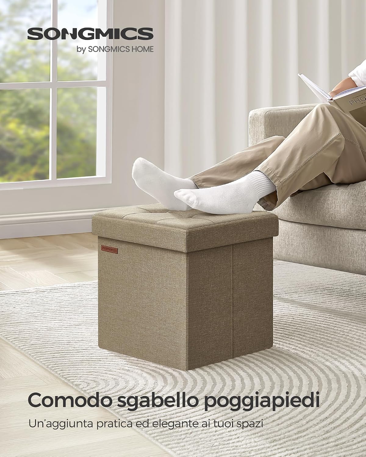 Detalle de SONGMICS pouf contenitore pieghevole da 38 cm con panca e poggiapiedi LSF027K01
