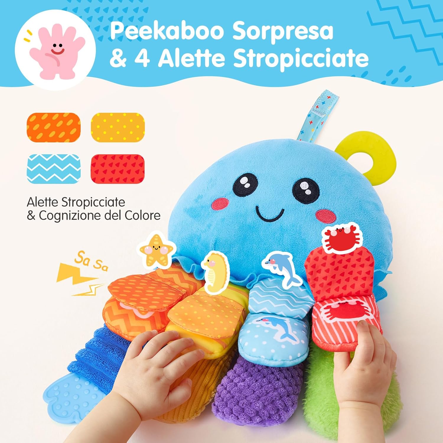 Thumbnail 4 de Peluche polpo multisensoriale Hahaland Giochi Montessori (6 mesi) con sonaglio, specchio e anelli da dentizione