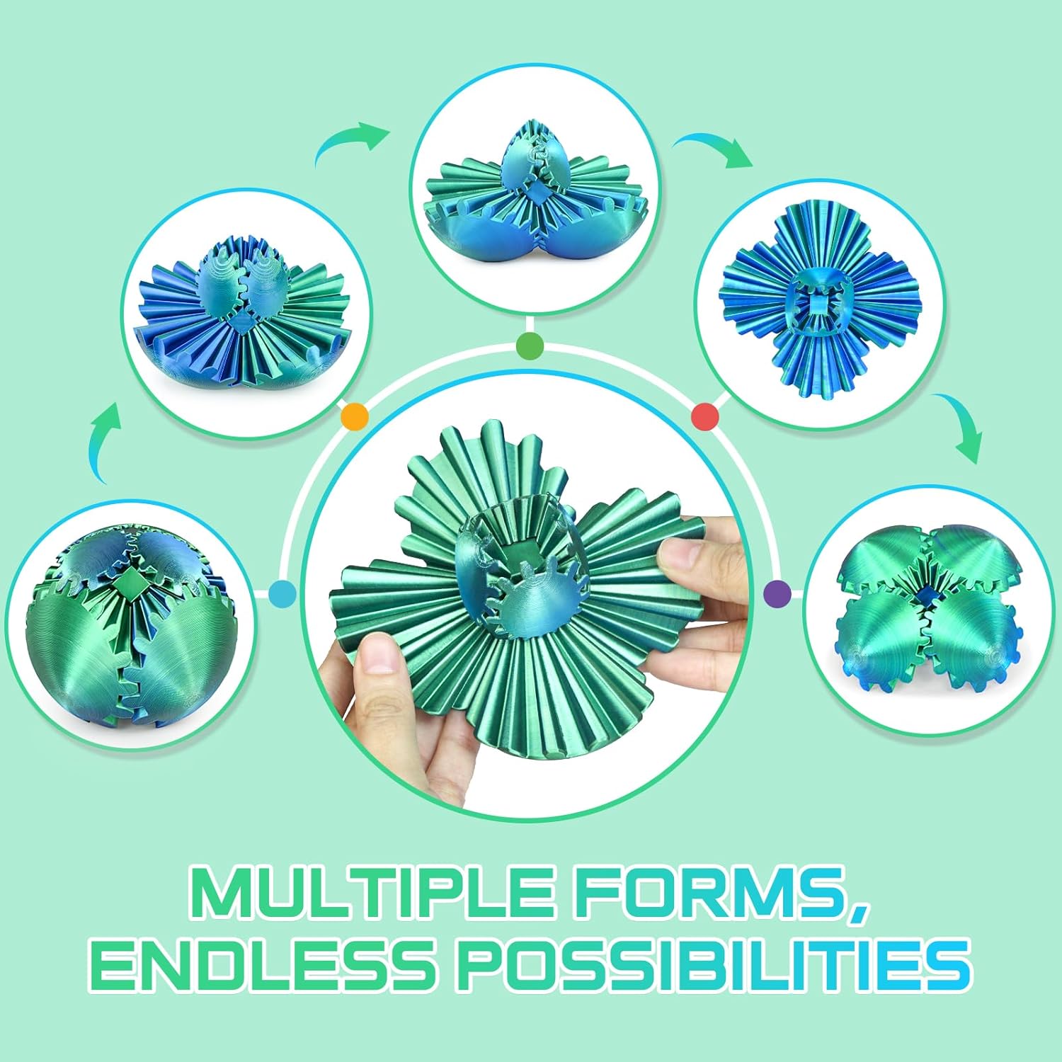 Thumbnail 4 de Gear Ball 3D Printed Fidget Toy Spinning Gear Sphere (Green, 2.5 inch)
