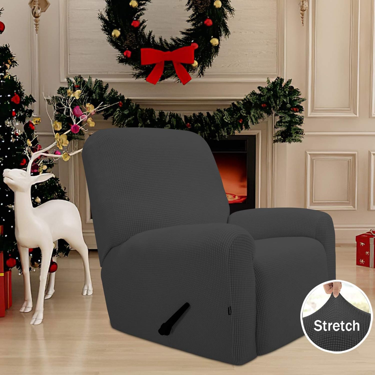 Detalle de Easy-Going Recliner Stretch Sofa Slipcover (4-Piece) in Dark Gray, Spandex Jacquard Small Checks