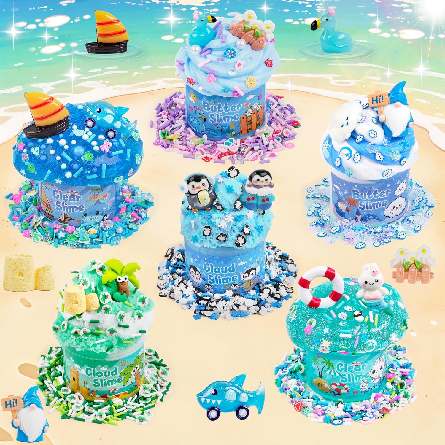 Thumbnail 5 de LAWOHO 6 Pack Blue Ocean Slime Kit (6×60ml) with Ocean Charms & Add-Ins