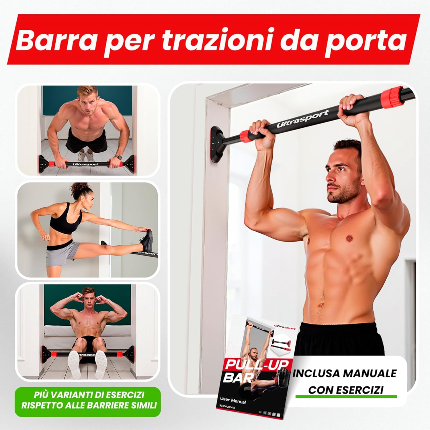 Detalle de Ultrasport Barra per trazioni: barra per porta regolabile 66,5–93 cm, senza viti, antiscivolo e presa in schiuma