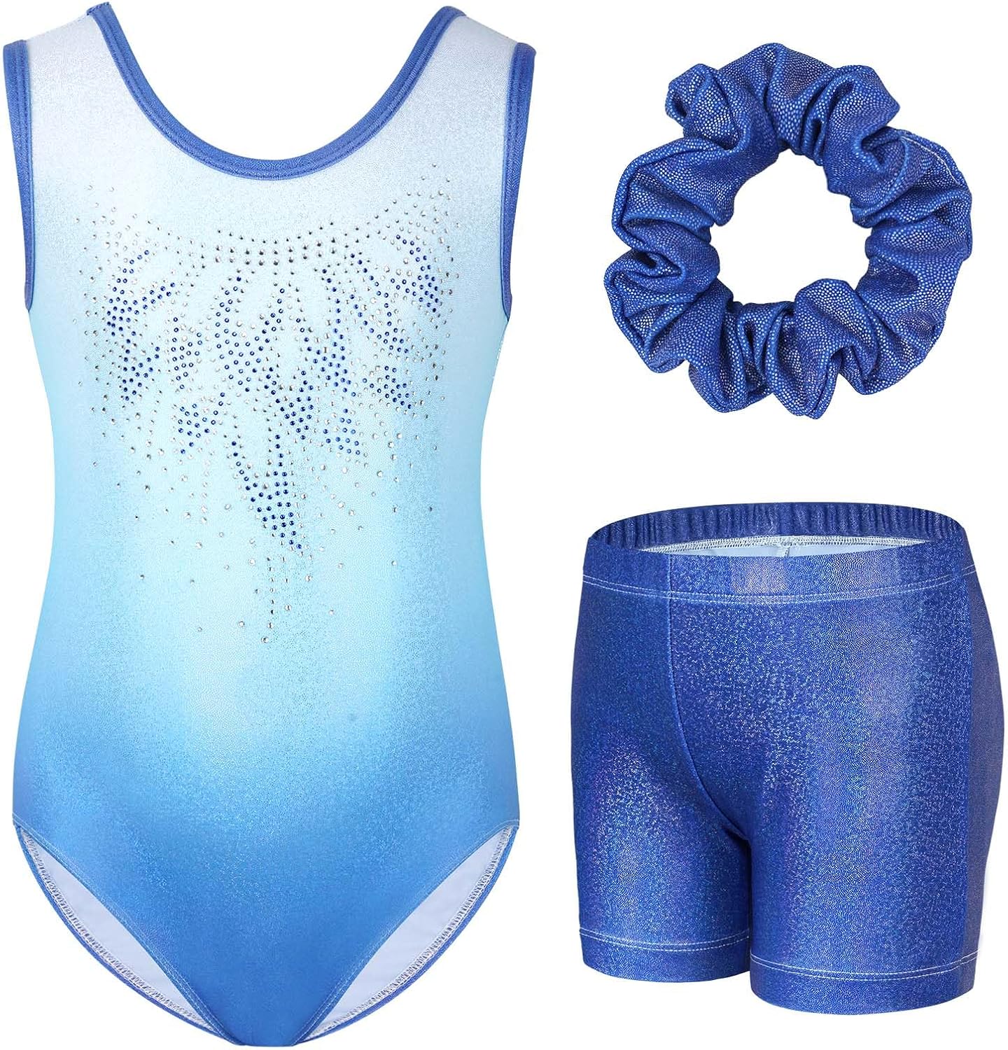 Detalle de Gogokids Girls’ three-piece gymnastics set (sleeveless leotard, shorts and hairband) with gradient design