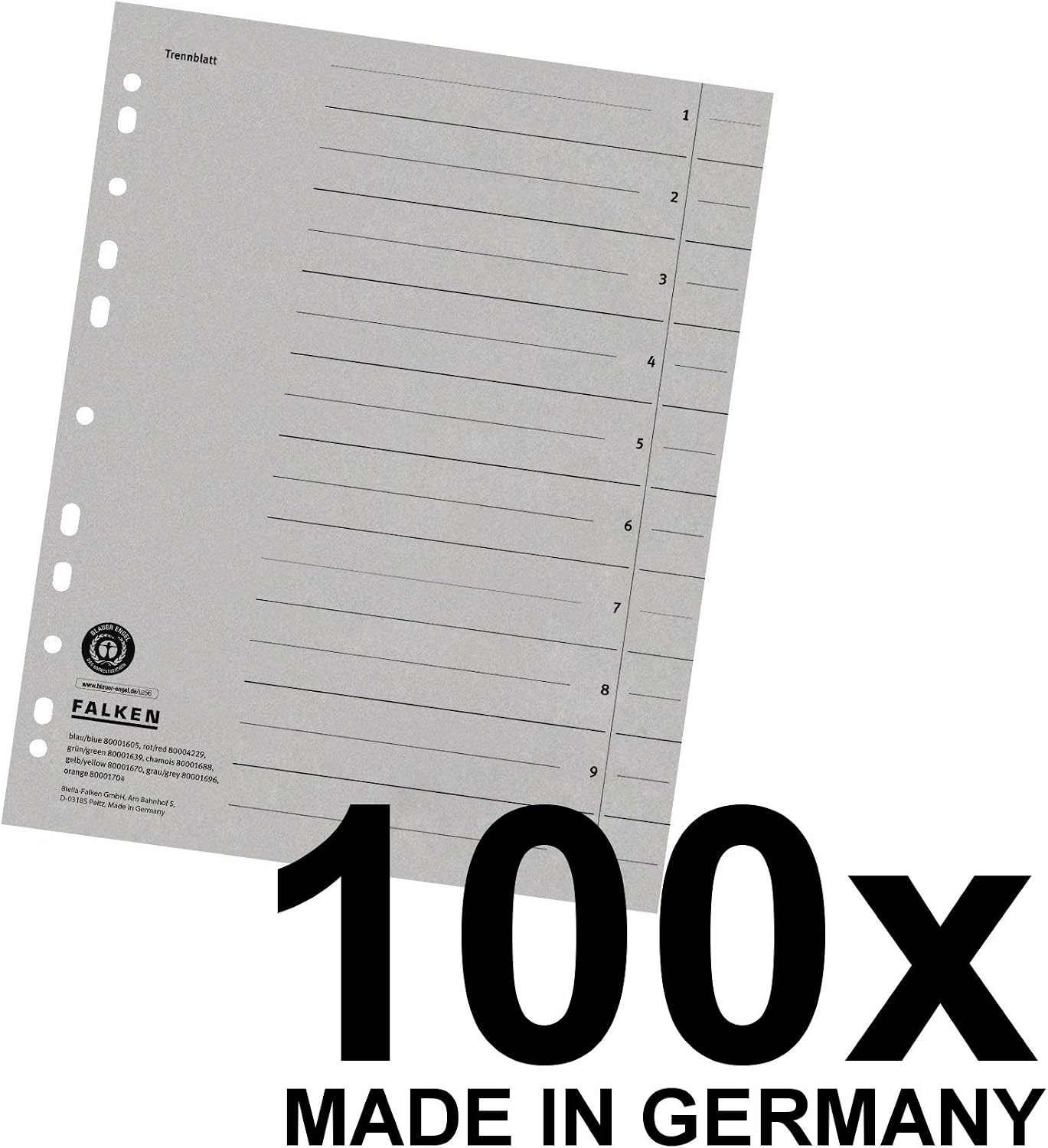 Detalle de Falken Lot de 100 intercalaires gris – recyclé, format A4, fabriqué en Allemagne