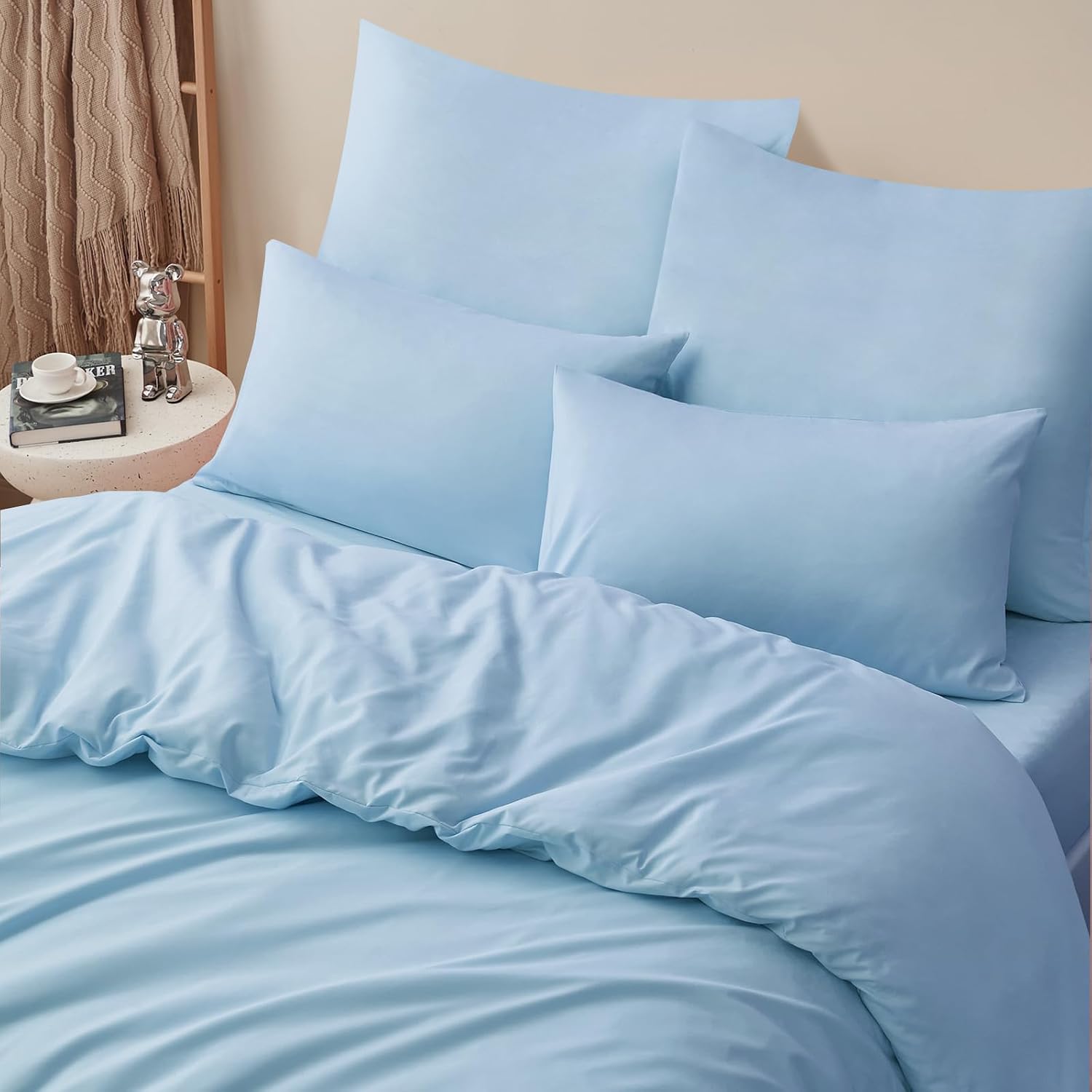 Detalle de RUIKASI Parure de lit 2 personnes 200x200 cm en microfibre bleue avec fermeture éclair (1 housse de couette + 2 taies 65x65)