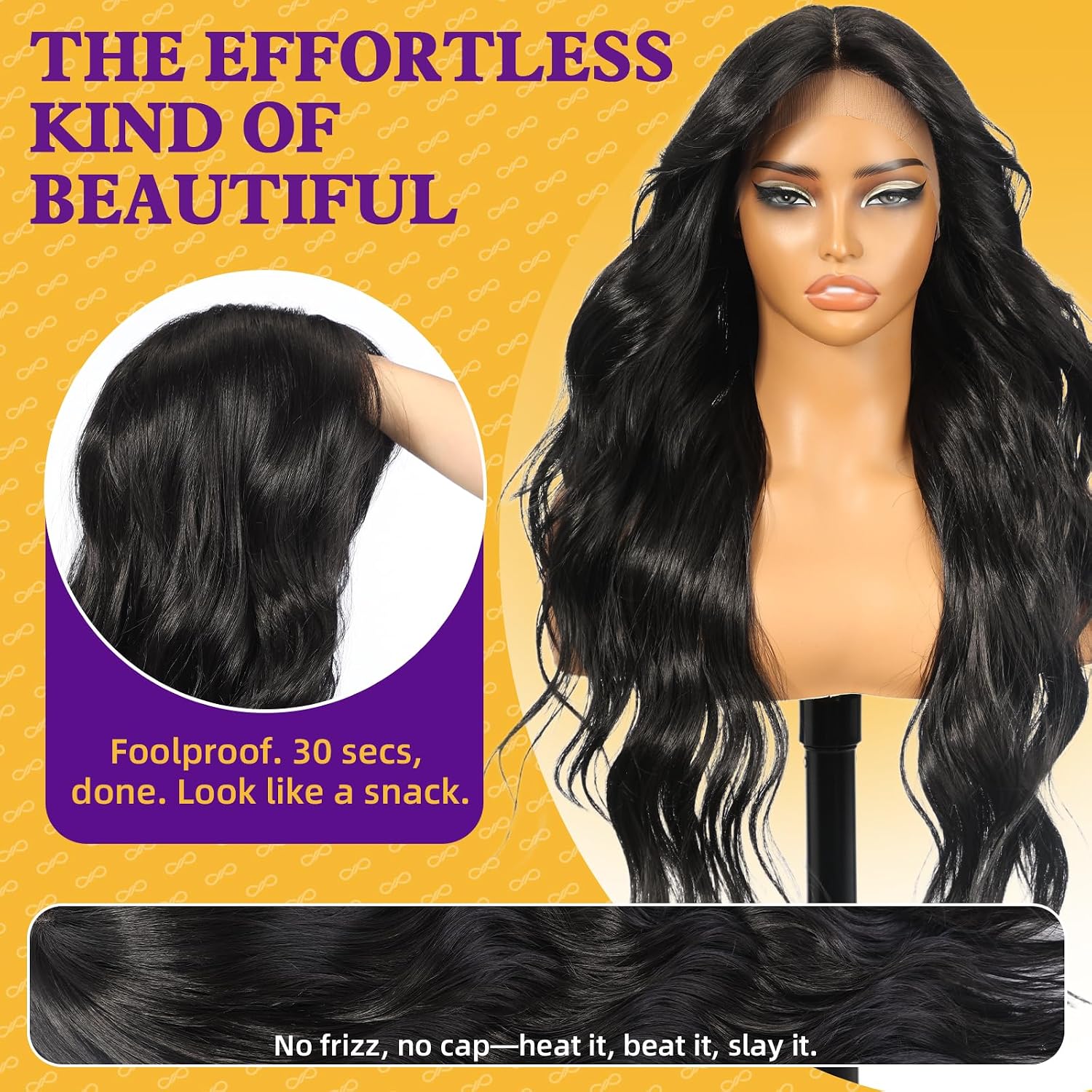 Thumbnail 1 de KOME 28-Inch Black Wavy Synthetic Lace Front Wig with Bangs