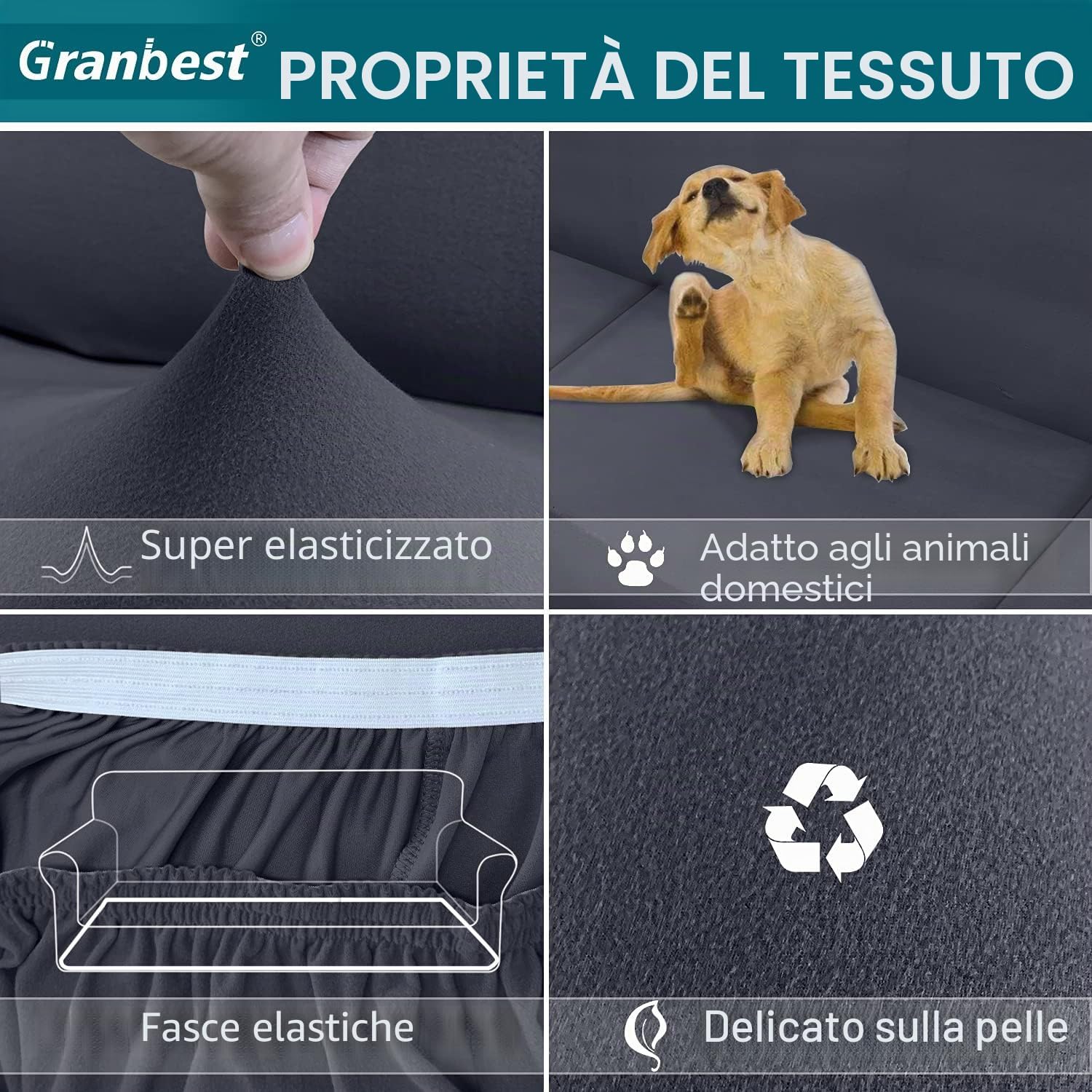 Thumbnail 2 de Granbest copridivano a 3 posti super morbido in elastan con fondo elastico, grigio