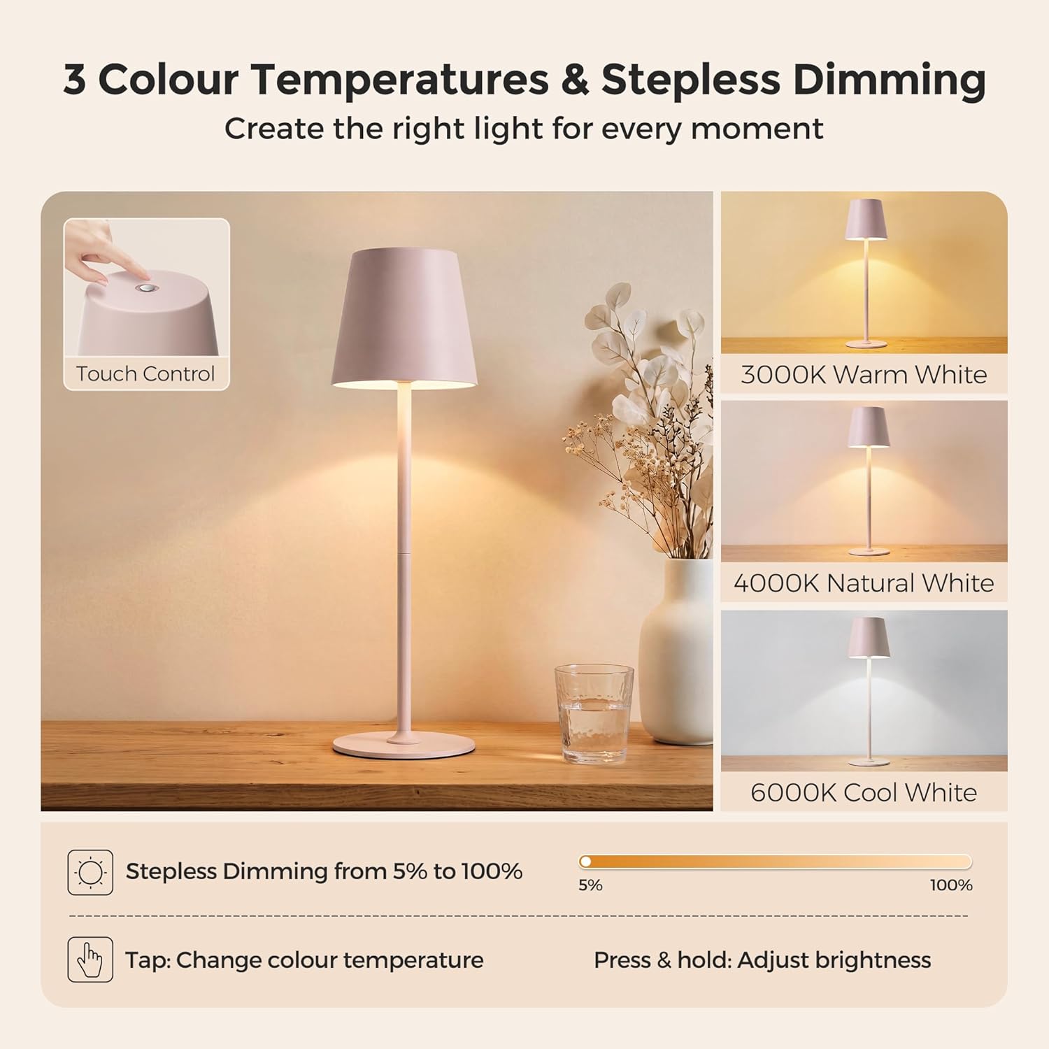 Detalle 2 de UPXNBOR Rechargeable Table Lamp: 3-Color Stepless Dimmable LED Bedside Light