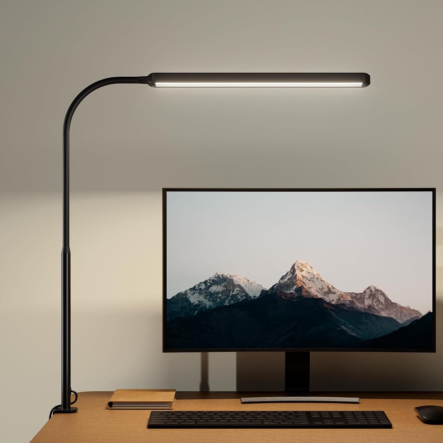 Detalle de RIXGLEAM LED-Schreibtischlampe dimmbar, klemmbar mit 45°-Streuwinkel und Schwanenhals für Homeoffice