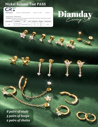 Detalle de Diamday 11 Paires Boucles d'Oreilles Femme – Acier Inoxydable et Or 14K, Créoles et Pendantes