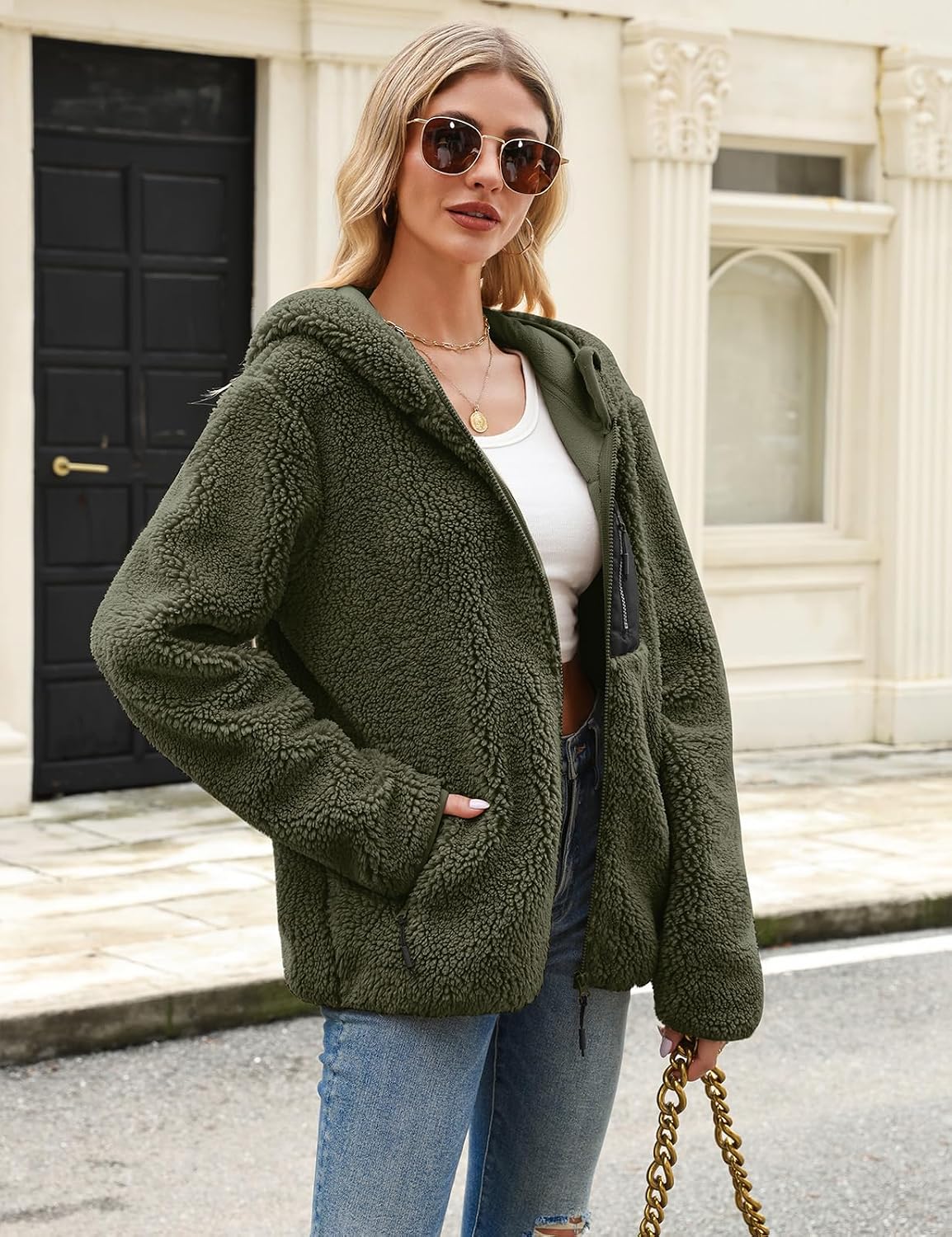 Detalle de Tuopuda Teddyfell Jacke Damen Zipper Hoodie