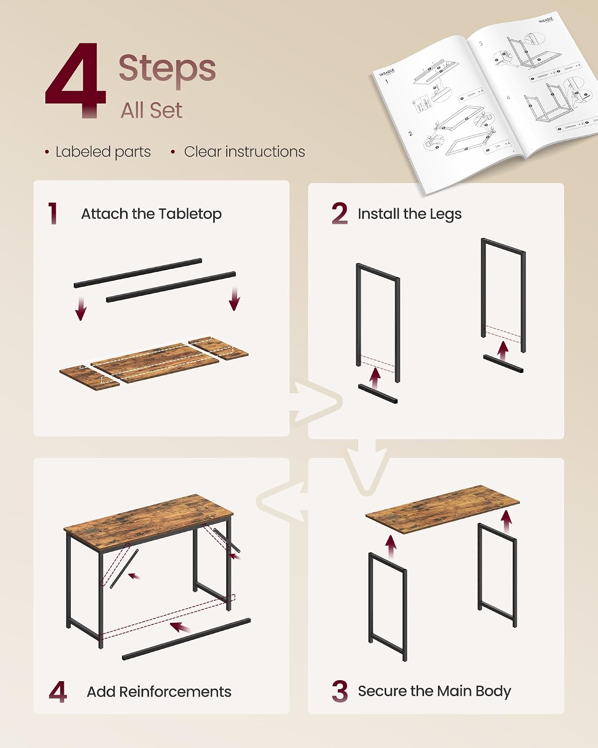 Detalle 2 de VASAGLE Computer Desk, 47.2-Inch