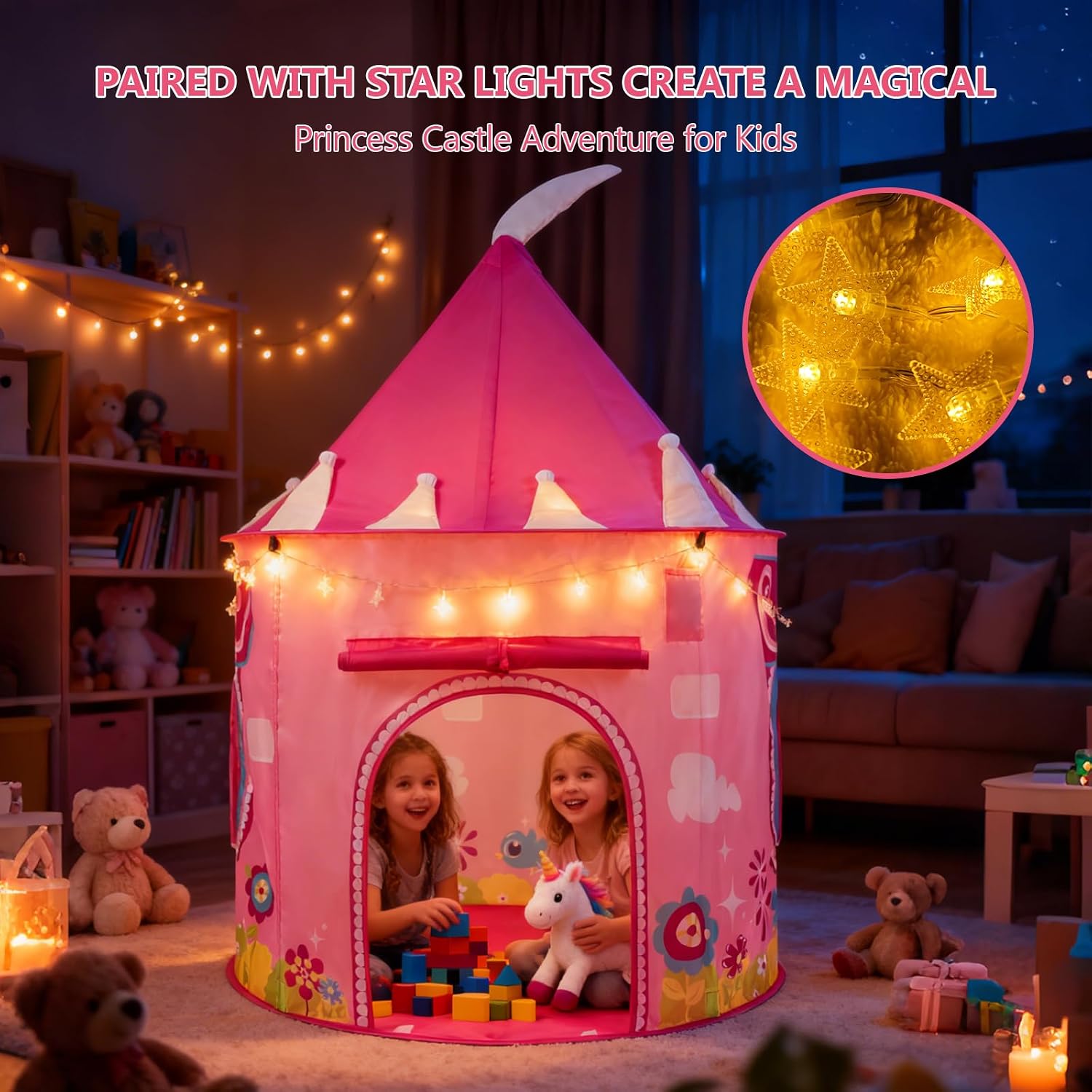 Thumbnail 2 de ROIWUIE YQB-02 Princess Castle Play Tent with Star Lights, Foldable Pink Design