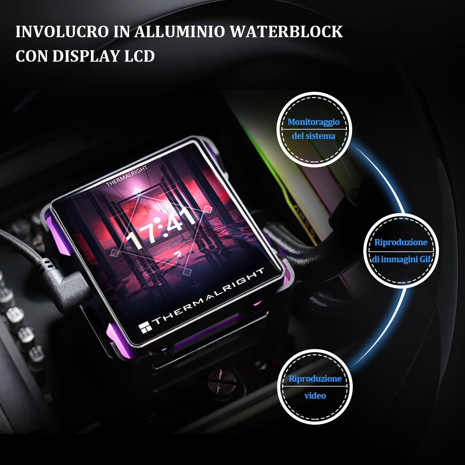 Detalle de Thermalright TR Elite Vision 360 ARGB Black: water cooler CPU con display IPS LCD 320×320 e ventola TL-K12 PWM