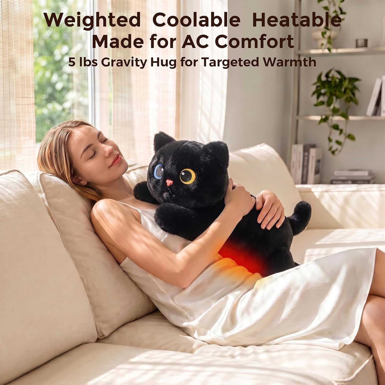 Detalle de Mewaii 23-Inch Weighted Cat Plush: Adjustable 5 lbs with Heated & Coolable Inner Pad
