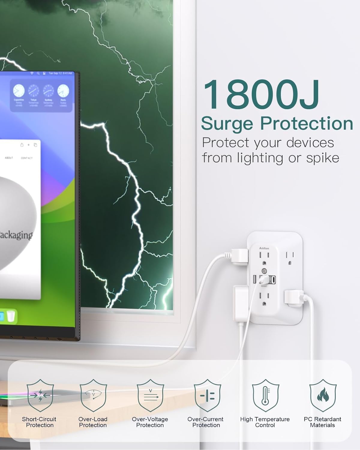 Detalle de Addtam Surge Protector Outlet Extender 1800J