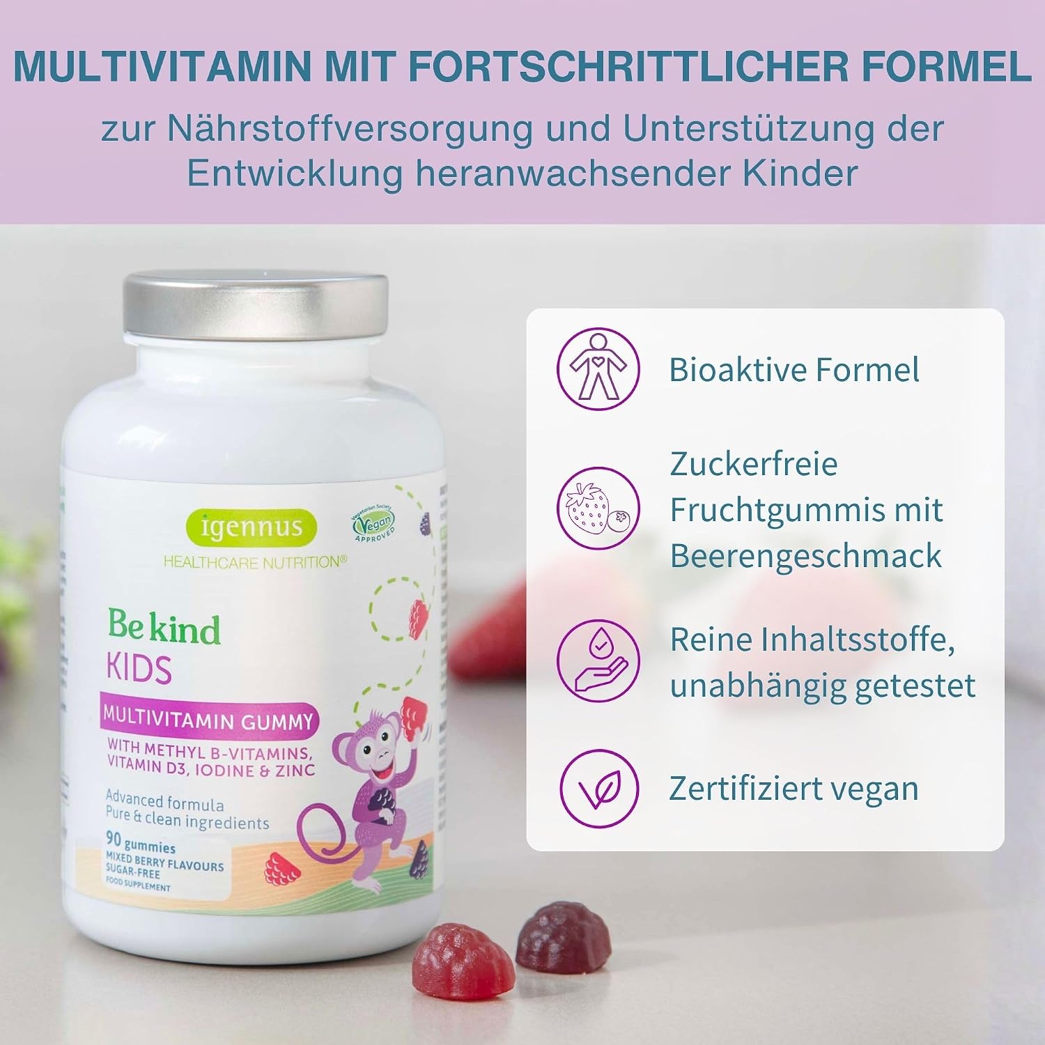 Thumbnail 1 de Igennus Methylierte Multivitamin Fruchtgummis für Kinder – vegan, zuckerfrei, 90 Stück