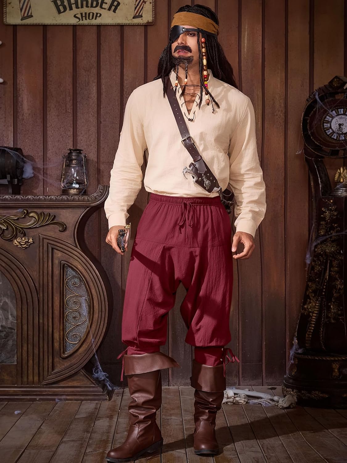 Detalle 2 de Runcati G6R963 Men’s Medieval Costume Pants, Cotton with Lace-Up Cuffs
