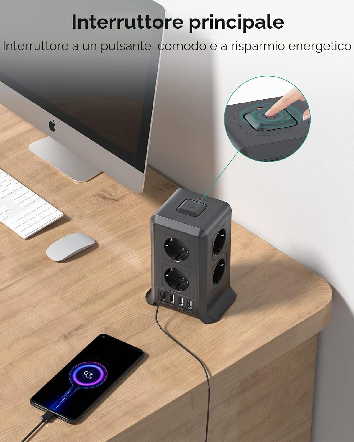 Detalle de Ciabatta multipresa Sameriver con interruttore e 4 USB (3 USB-A + USB-C) a torre, cavo 2 m