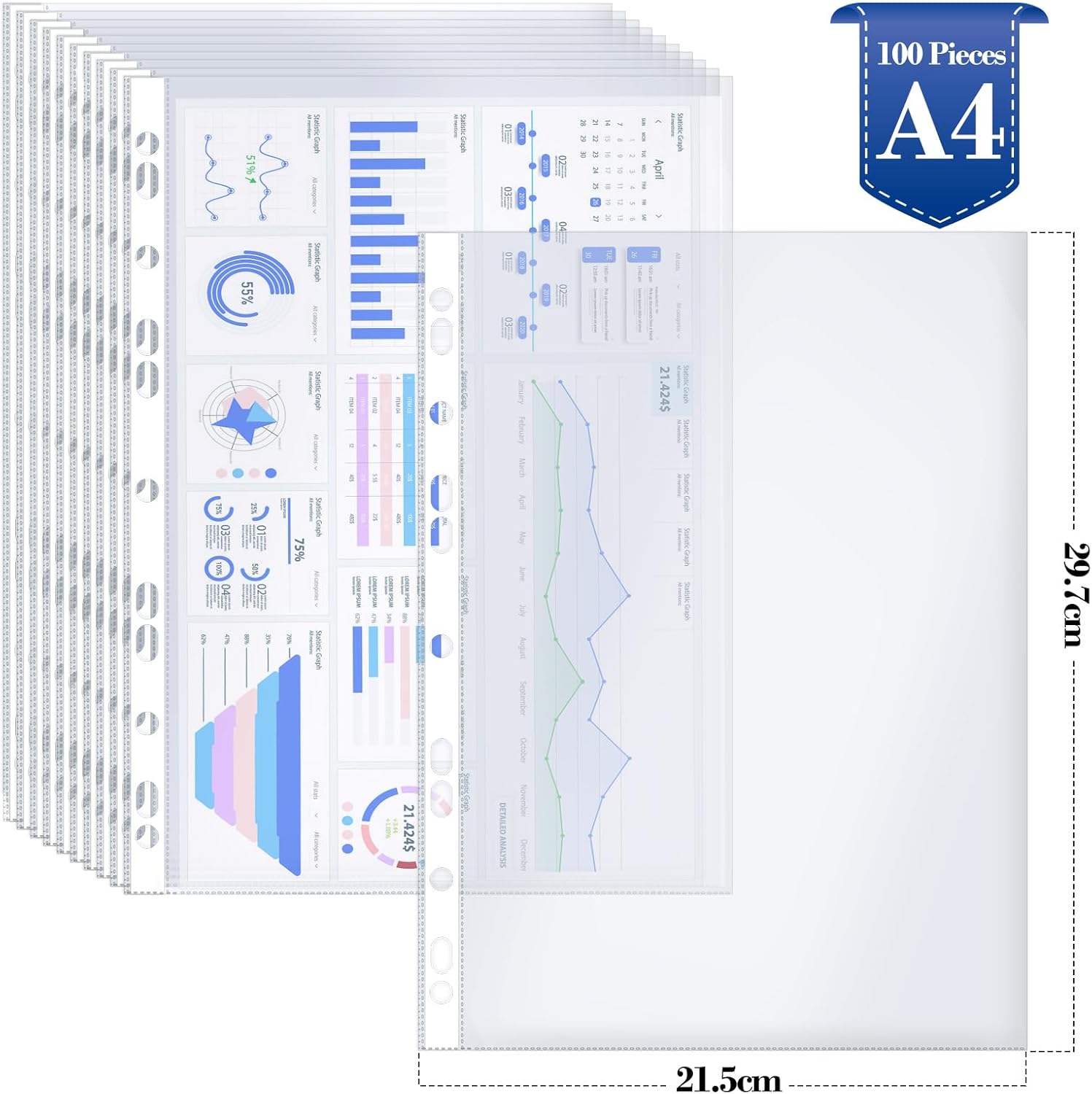 Detalle 2 de Reaeonat Punched Pockets A4 Clear Plastic Wallets (100 Pack) – 90 Micron Extra Strong Top Loading