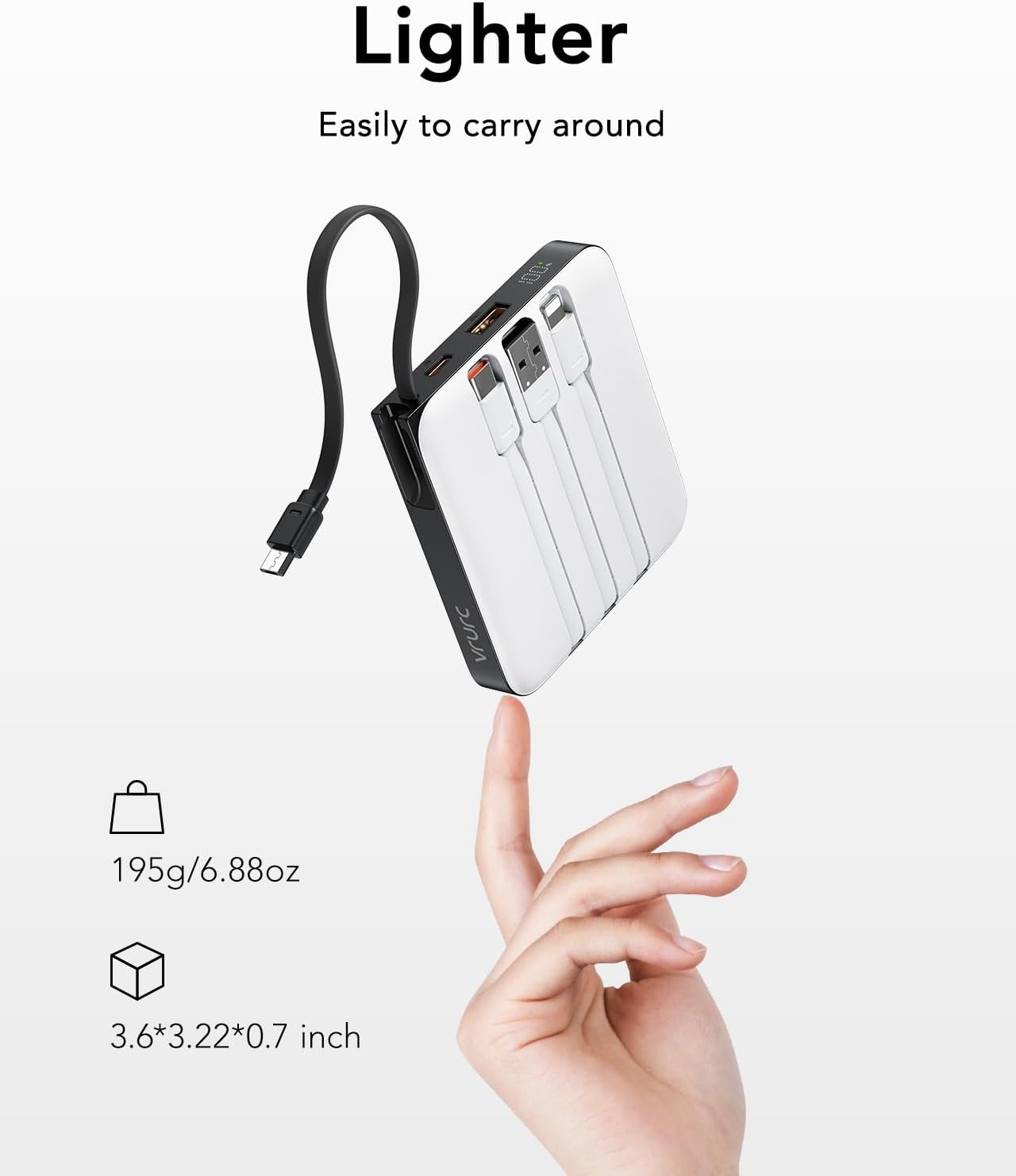 Thumbnail 1 de VRURC Batterie Externe 10000mAh avec 4 câbles intégrés — Power Bank ultra mince et rapide