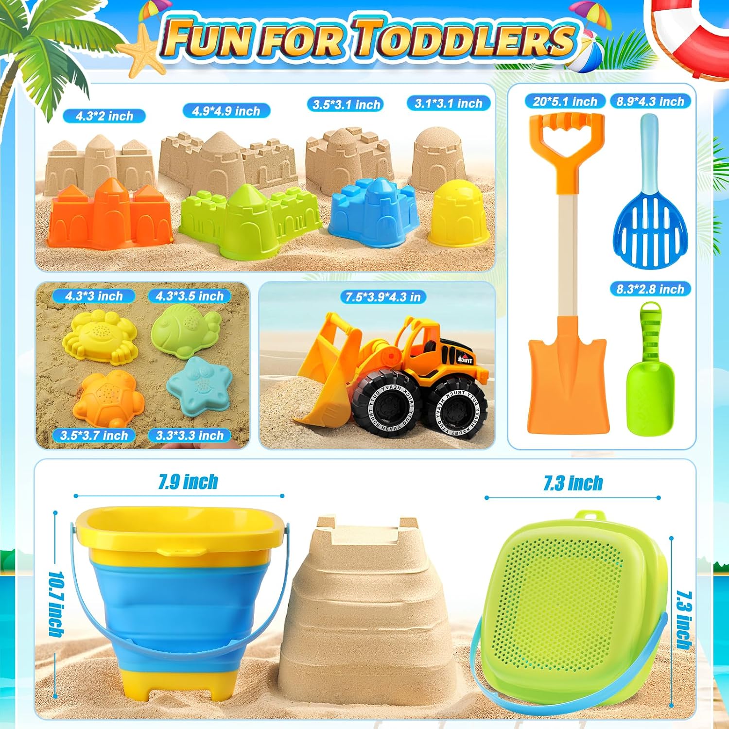 Thumbnail 6 de Collapsible Beach Sand Toys for Kids — 15-Piece Set with Bucket, Sifter, Molds & Mesh Bag