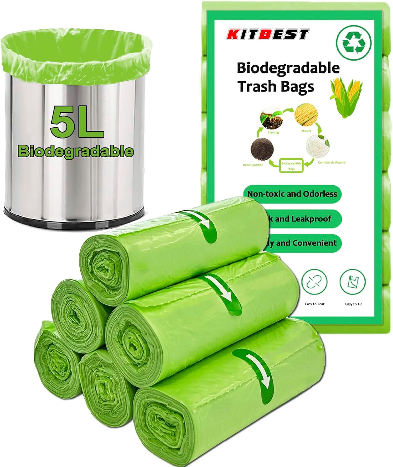 KITBEST Biomüllbeutel 5 Liter (40 x 45 cm), 120 Stück – kompostierbar aus Maisstärke