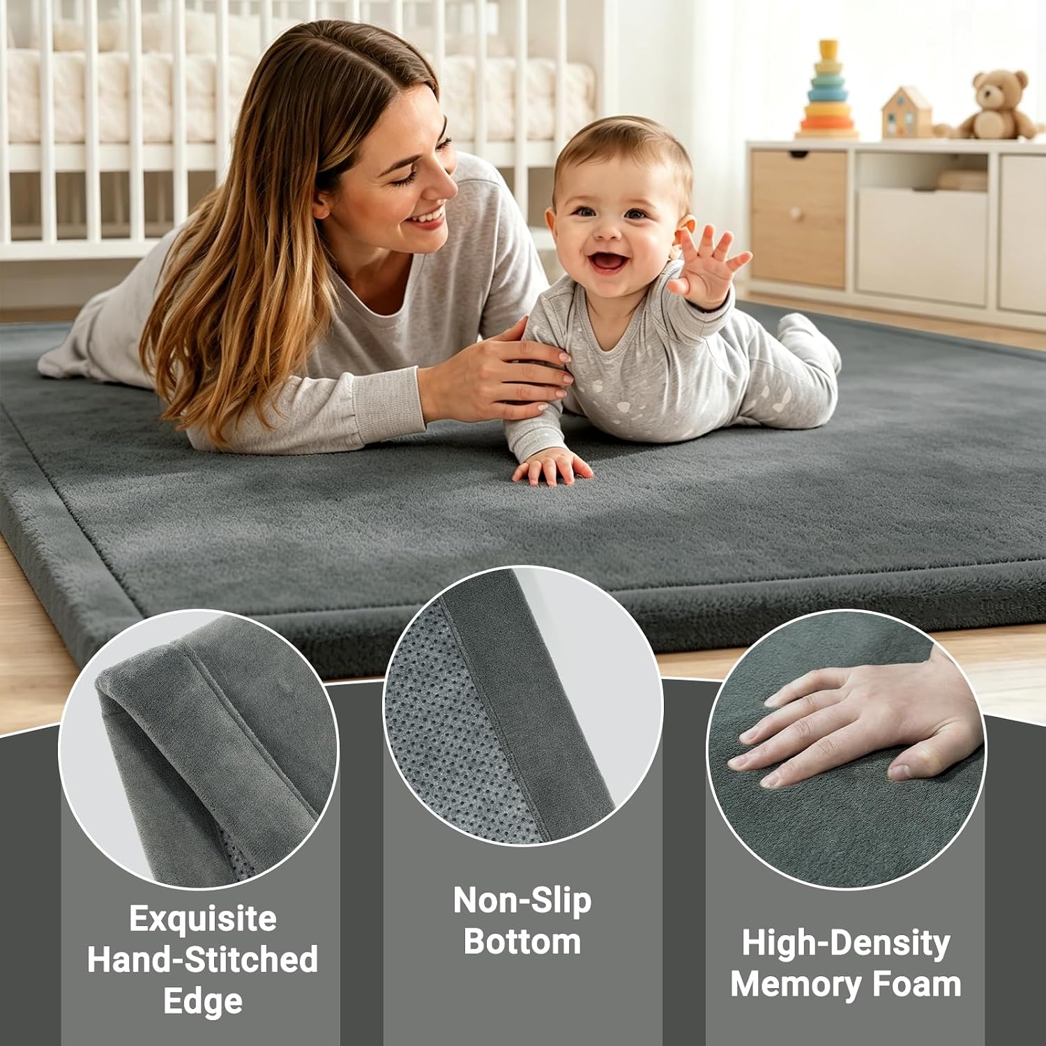 Detalle de Capslpad Baby Play Mat for Floor, 150x200 cm – Large Non-Slip Memory Foam Rug in Grey