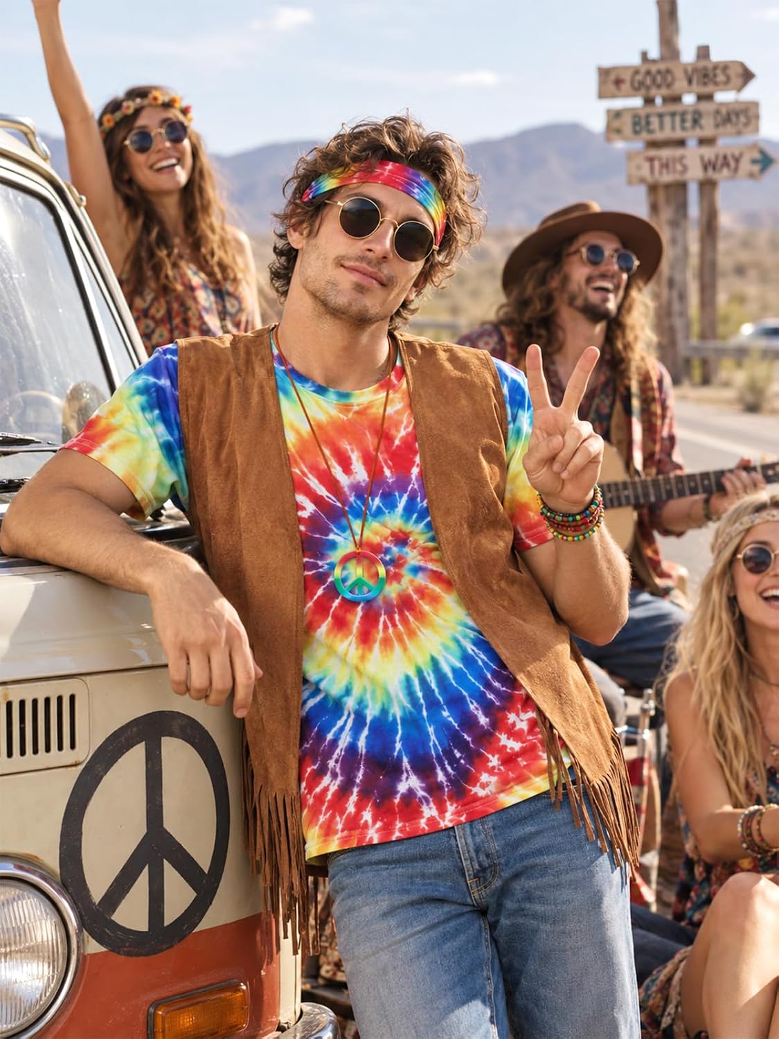 Detalle 2 de Treature Hippie Costume for Men, Tie-Dye Shirt Set for 60s and 70s Parties