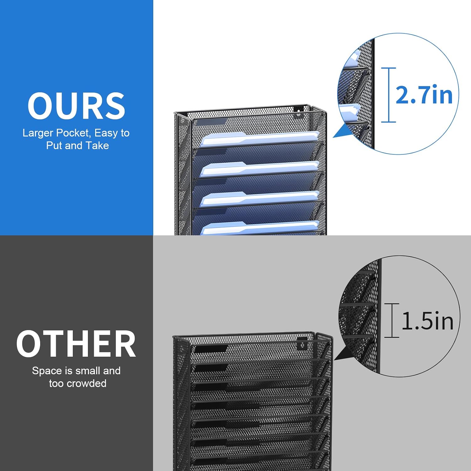 Detalle 2 de OUTWOLF OF28 12-Tier Wall File Organizer with Hooks, Black Metal Mesh