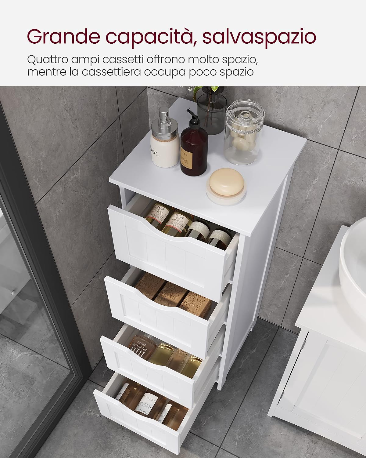 Detalle 2 de VASAGLE Mobile da Bagno con 4 Cassetti, Cassettiera Autoportante Bianco LHC40W – 30 x 30 x 82 cm
