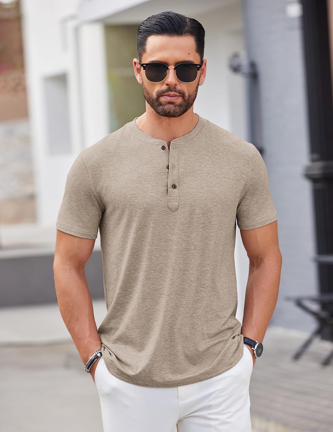 Detalle de COOFANDY Men's Henley Short Sleeve Shirt: Casual Summer Basic T for Everyday Style