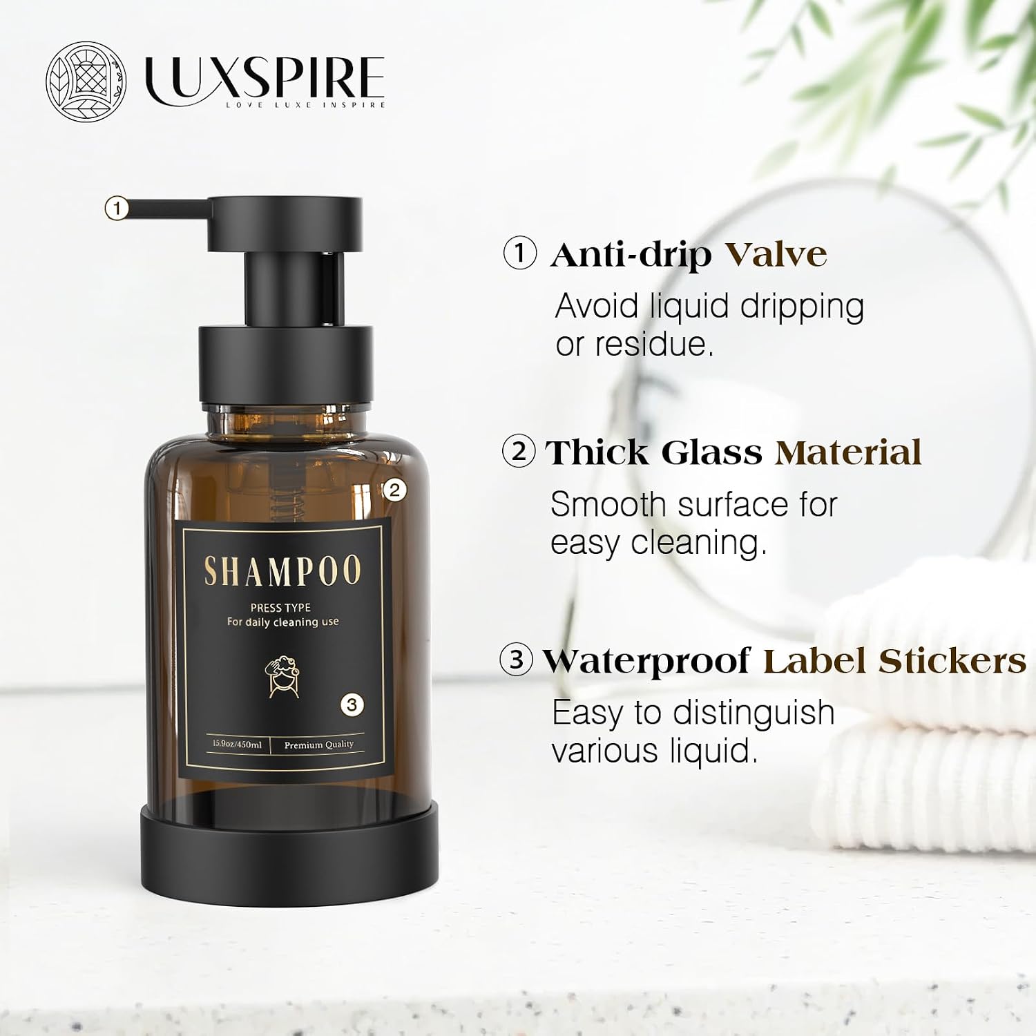 Detalle de Luxspire 15 oz Amber Glass Foaming Soap Dispenser with Anti-Drip Pump