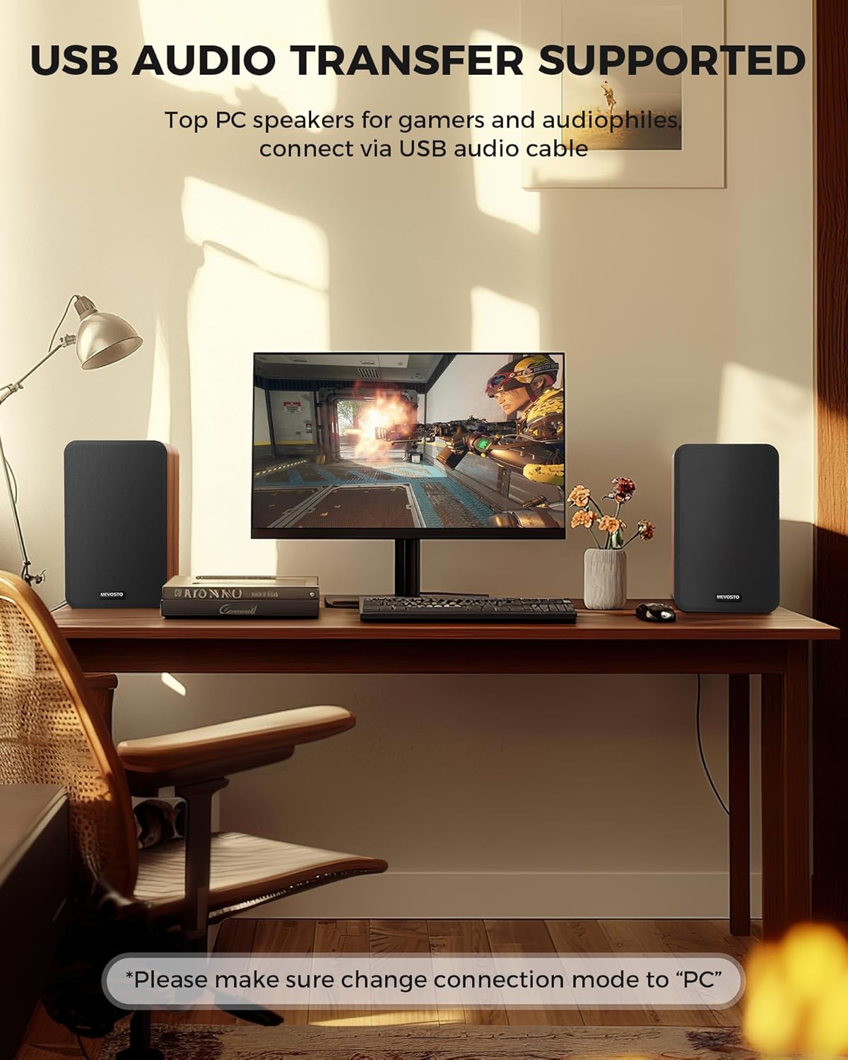 Detalle de MEVOSTO Active Bookshelf Speakers 36W RMS with BT 5.4 – Rich Stereo For PC, TV and Turntable