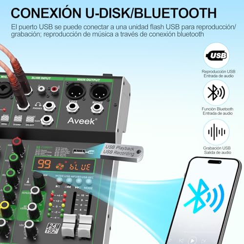 Thumbnail 3 de Aveek Mezclador de Audio de 4 Canales con USB/Bluetooth y Alimentación Fantasma 48V