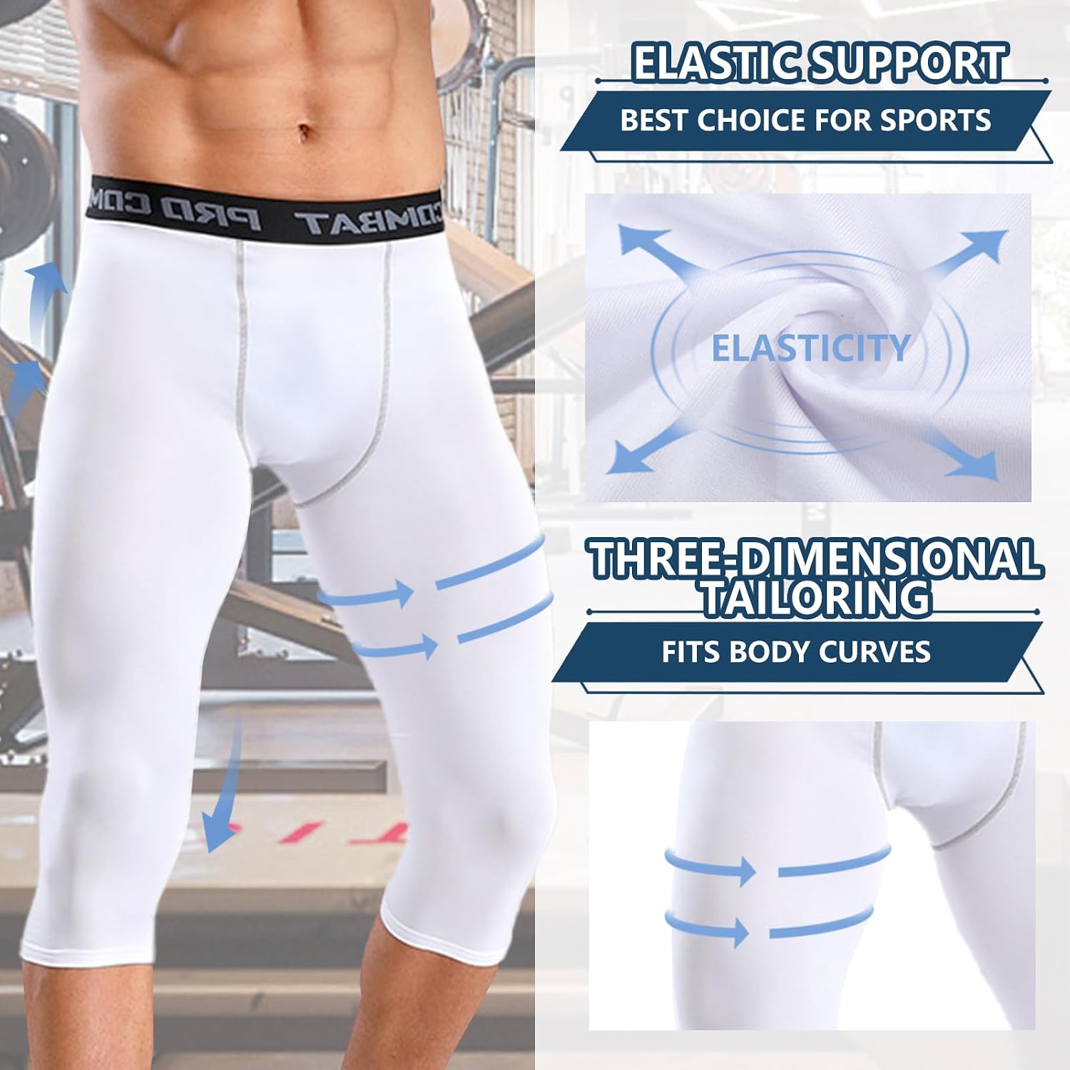 Detalle de HULG Kompressionshose Herren – 3/4 Sport-Leggings mit atmungsaktivem Funktionsstoff