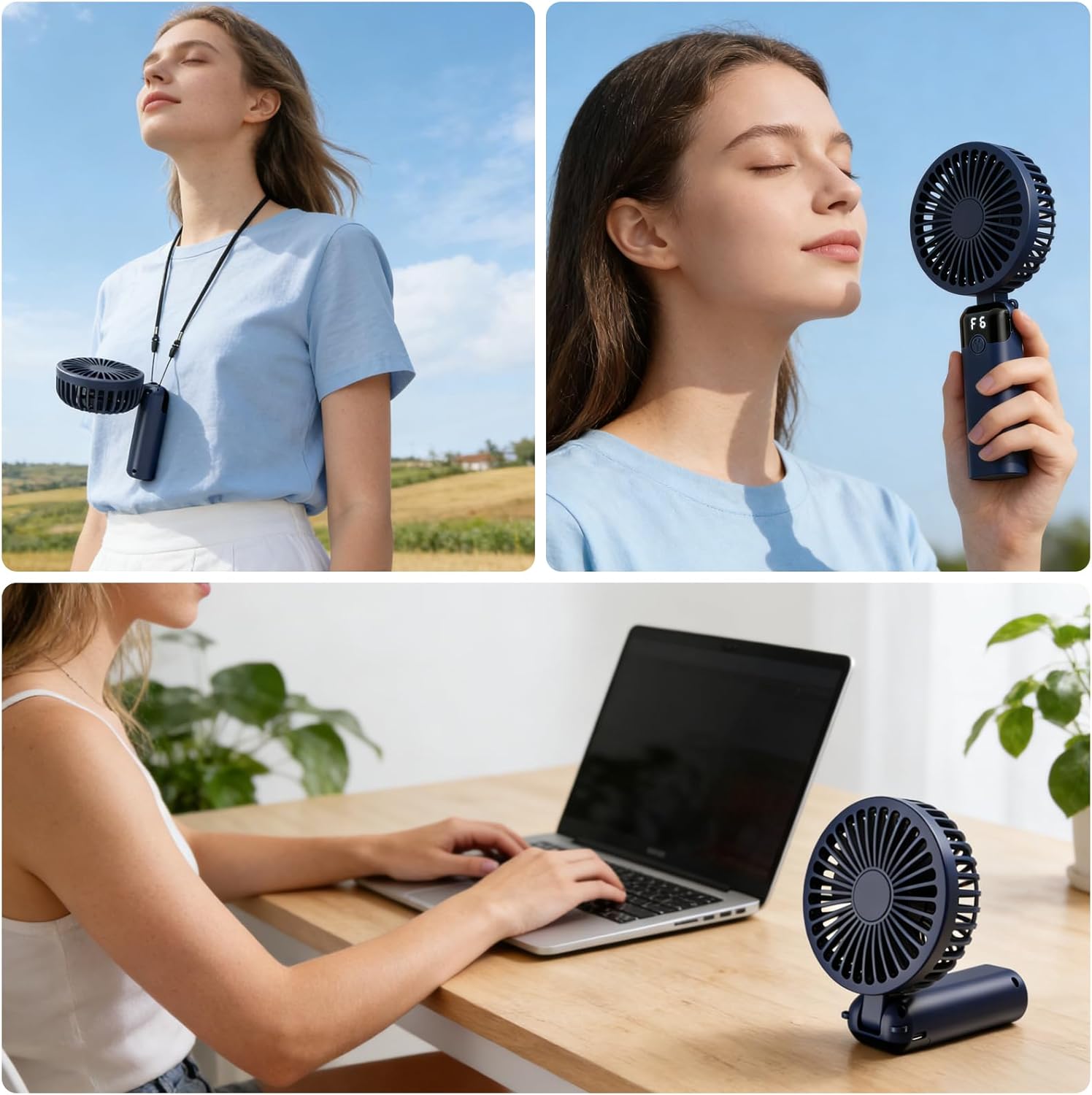 Thumbnail 6 de GCCATE Blue USB Rechargeable Handheld Fan with 6 Speeds, 4000mAh Battery and LED Display