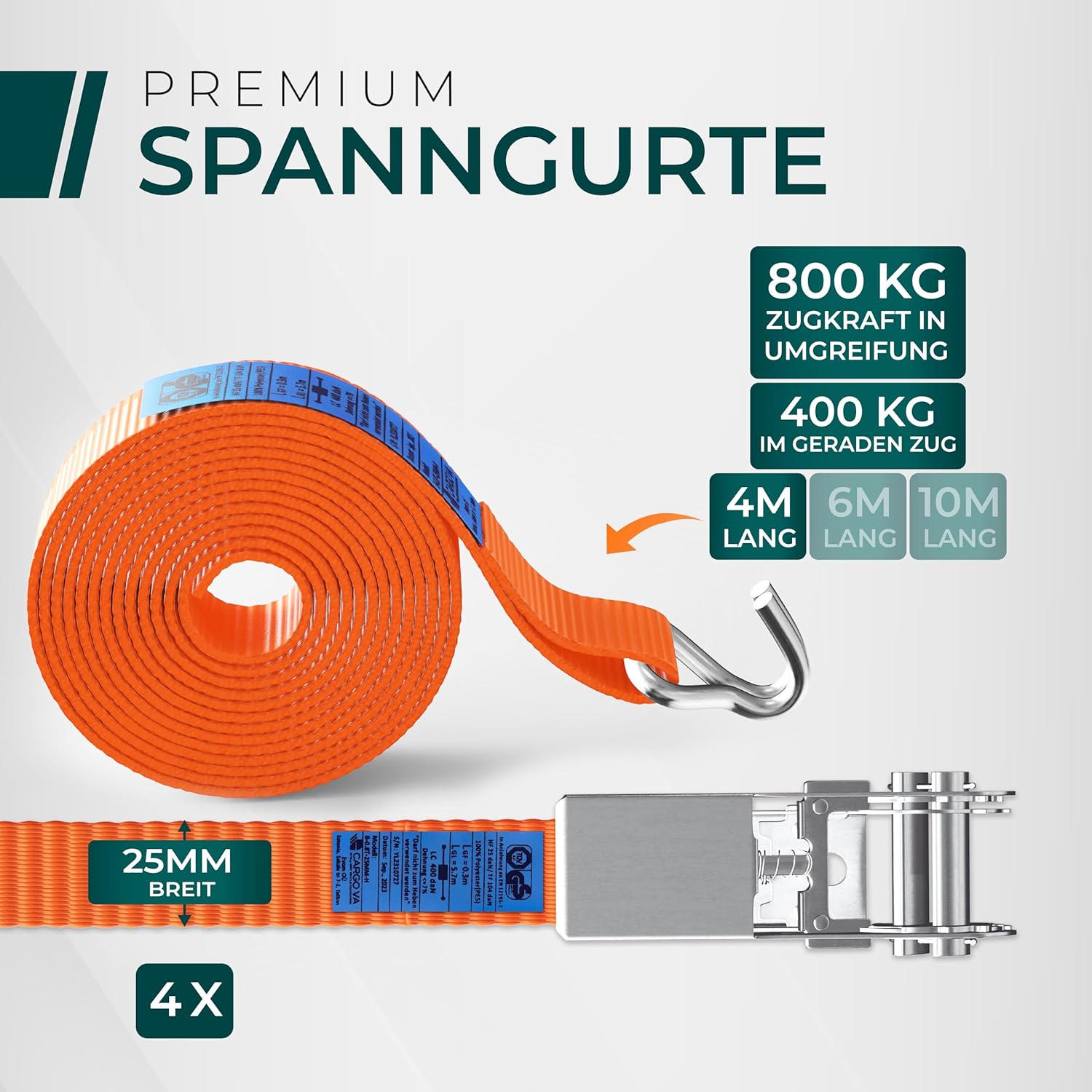 Detalle de Robuste 800 kg Spanngurte mit Ratsche – 4er Set, TÜV/GS-konform, DIN, 25 mm Breite