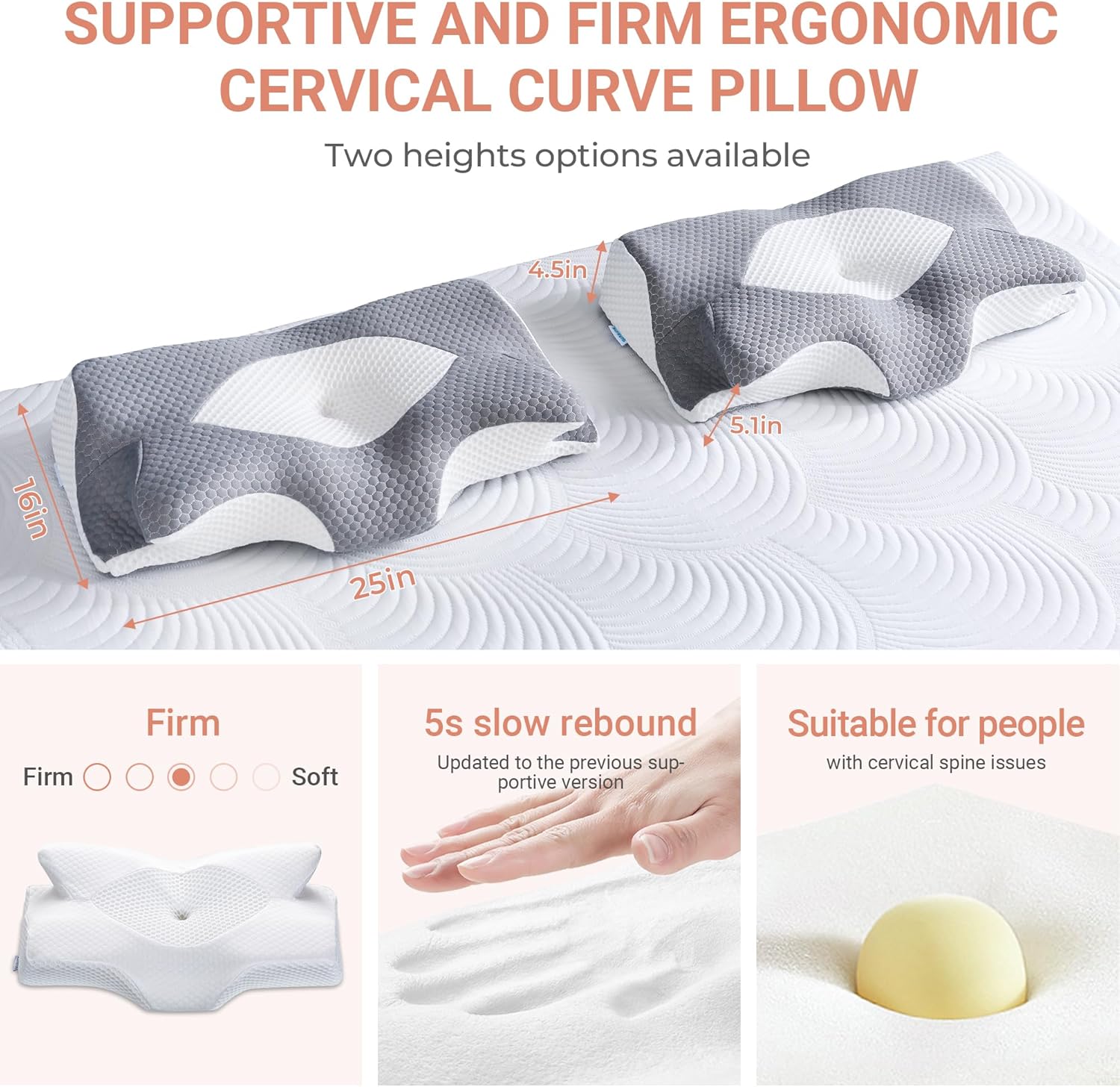 Detalle de Elviros Almohada Cervical Memory Foam 💤 64x40x13/11.5 cm